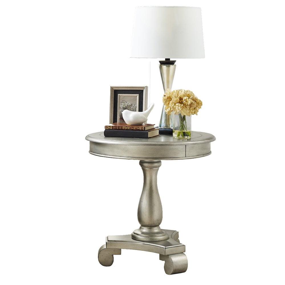 Champagne Finish Round Wood Pedestal End Table