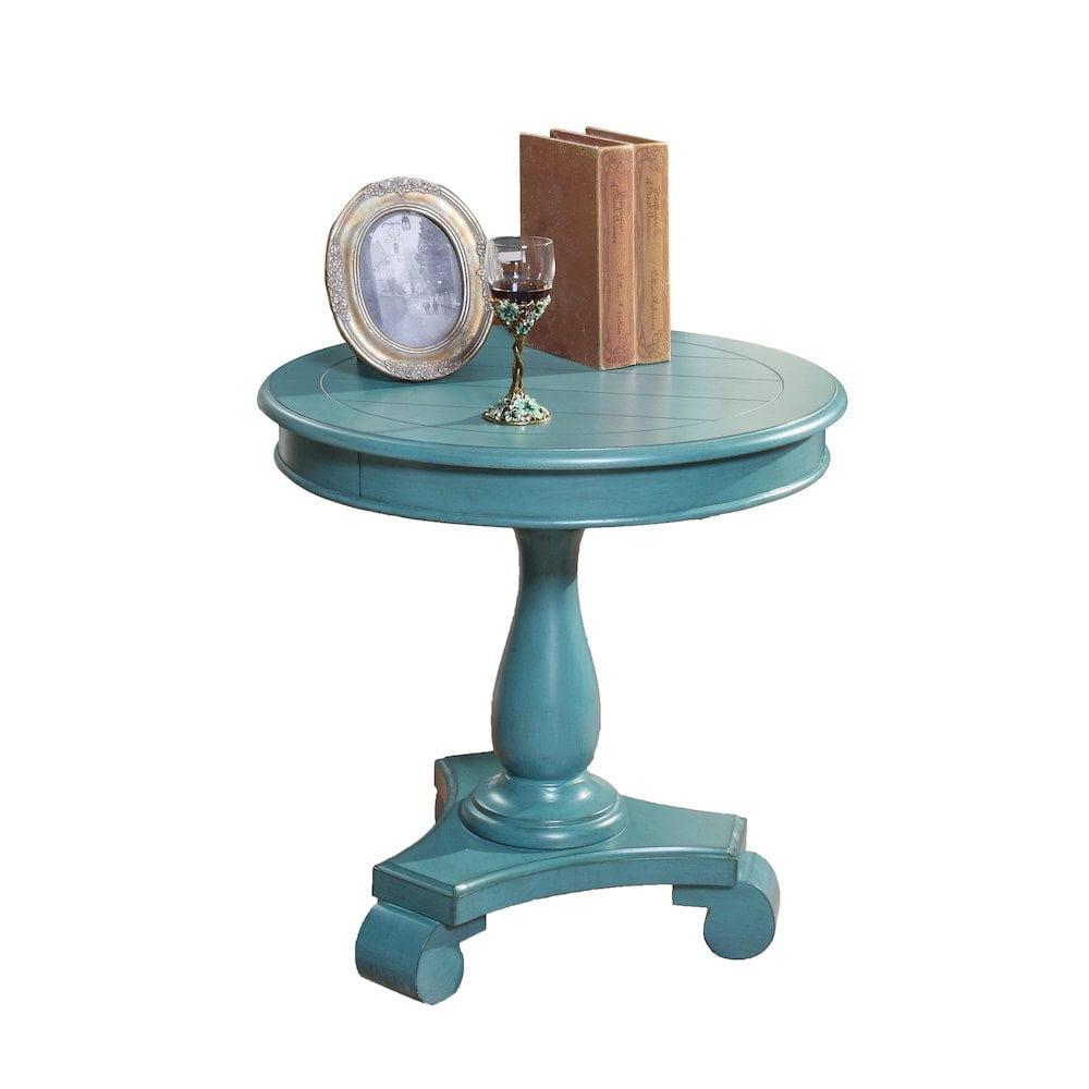 Teal Blue Round Wood Pedestal Side Table