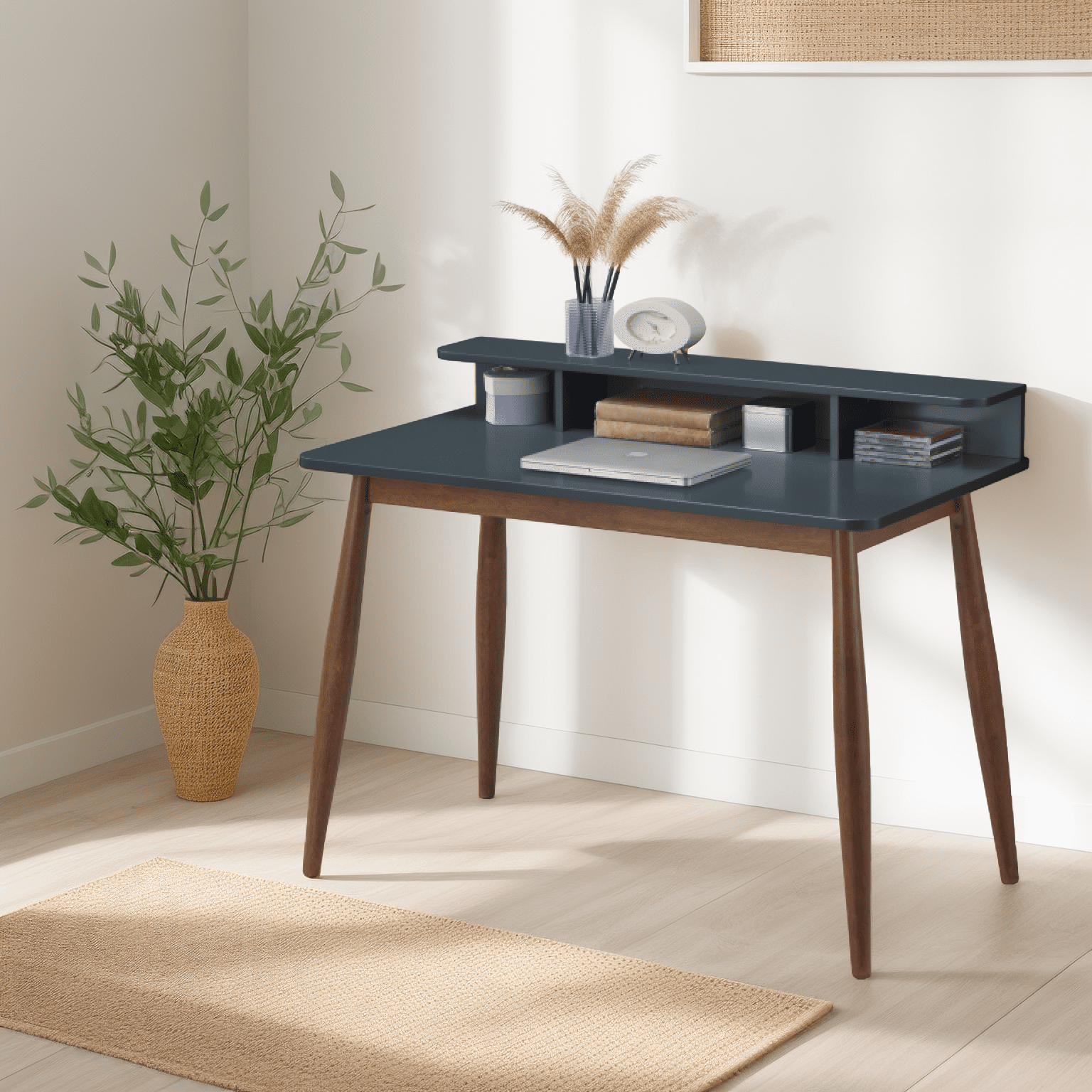 Roundhill Furniture Roskilde Storage Wood Office Desk, Gray Blue