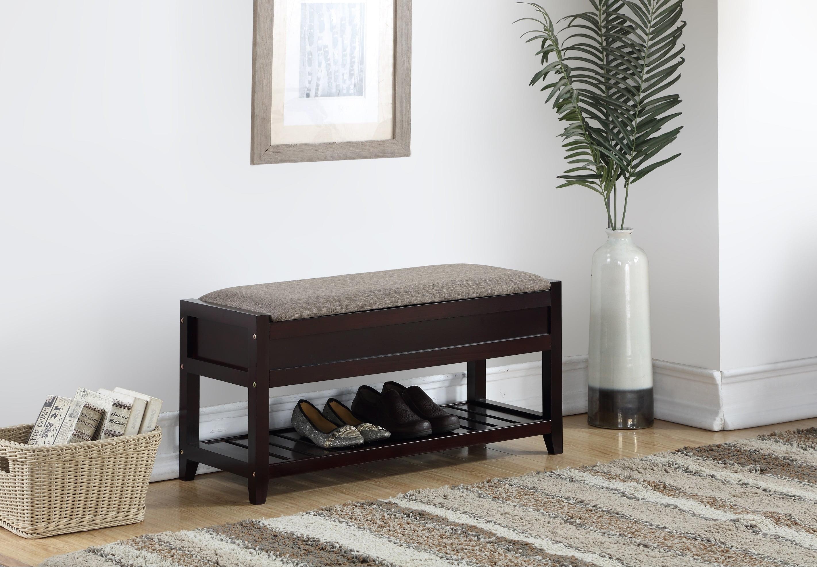 Espresso Pine Wood Bench with Brown Polyester Cushion and Storage