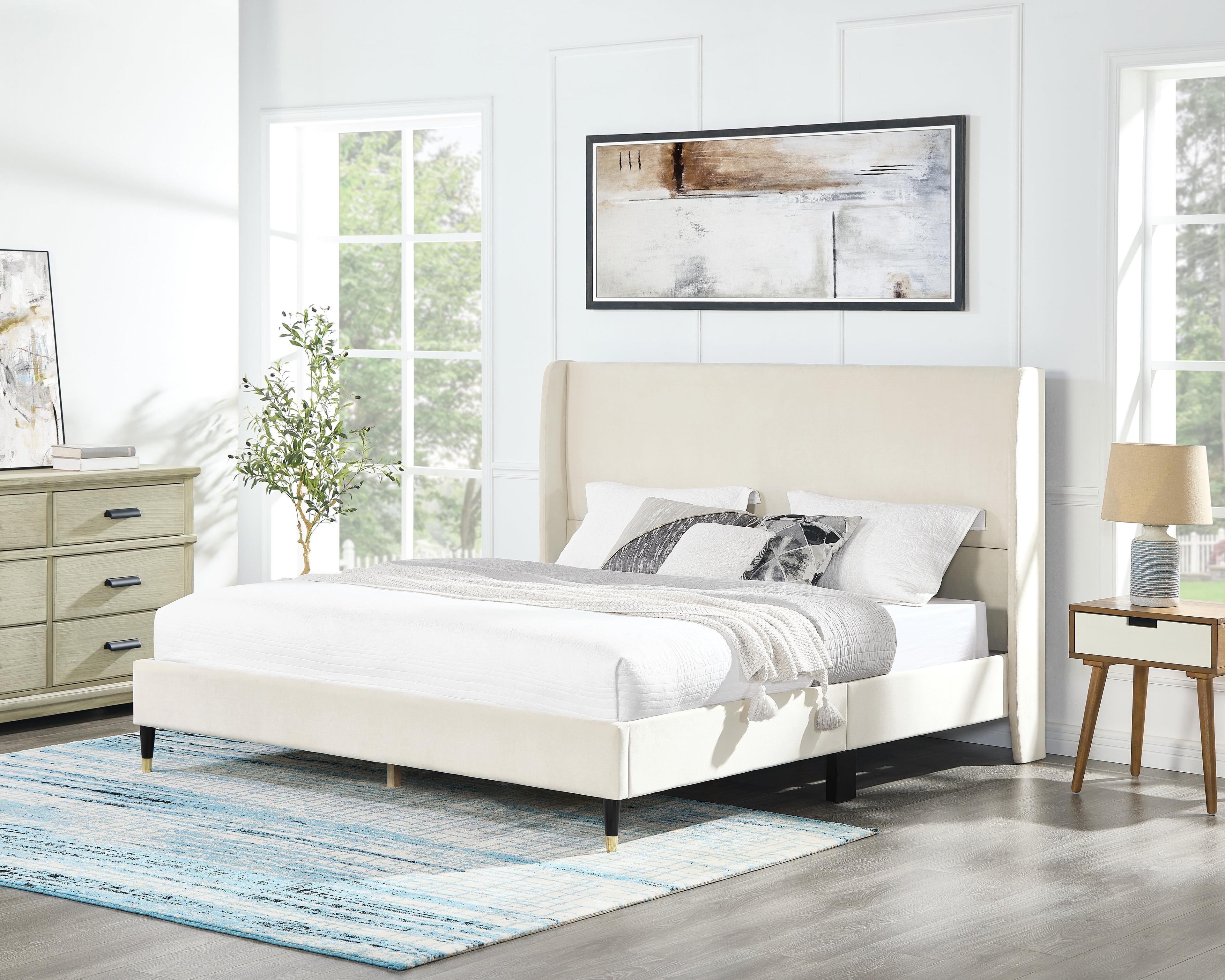 Beige Velvet Upholstered Queen Wingback Platform Bed