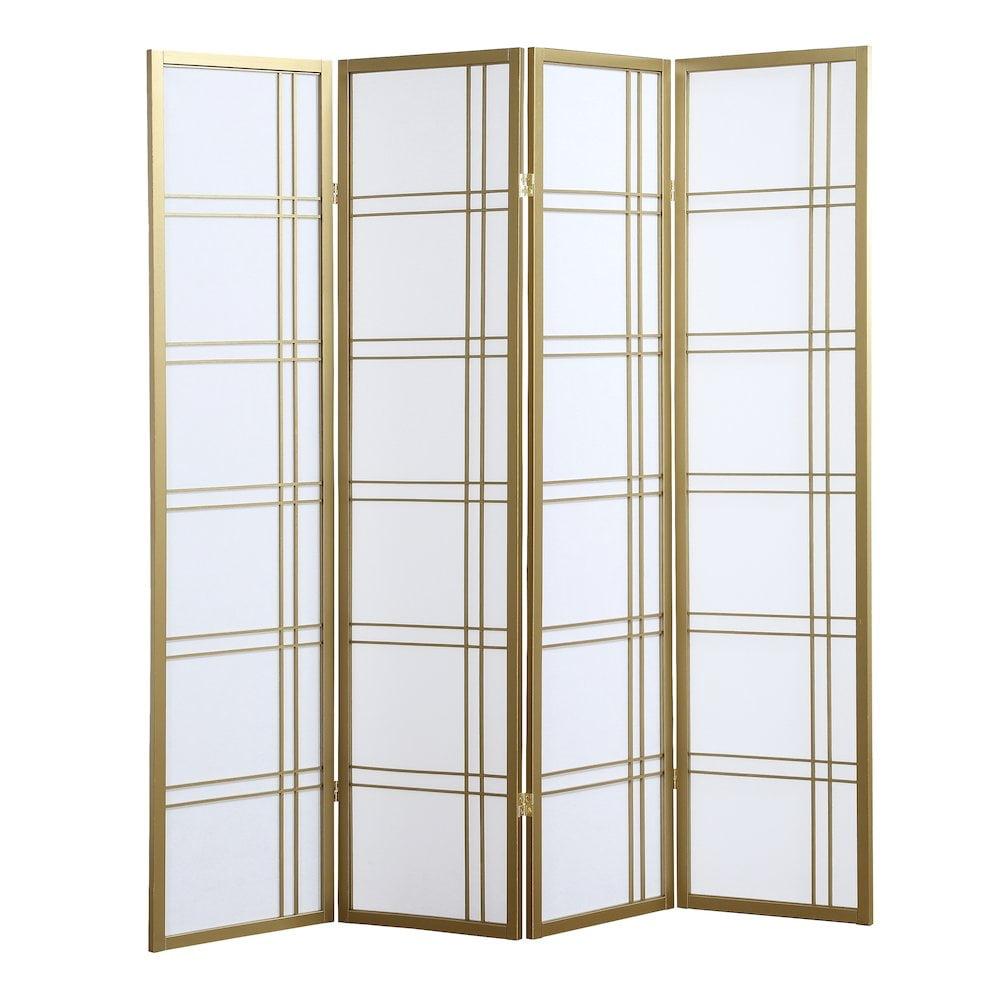 Roundhill Furniture Seto Rice Paper and Wood 4-Panel Room Divider Screen Gold