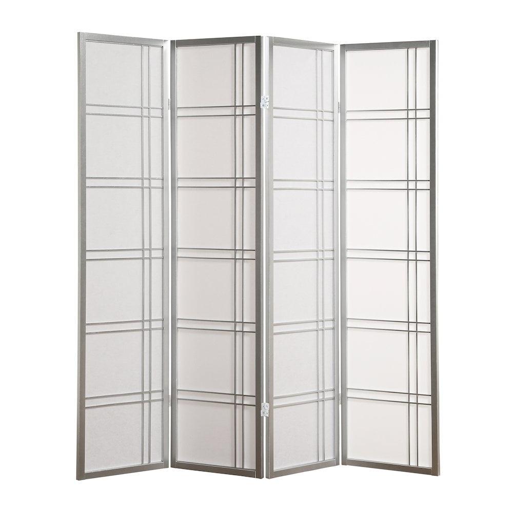 Silver 4-Panel Shoji Rice Paper and Wood Room Divider