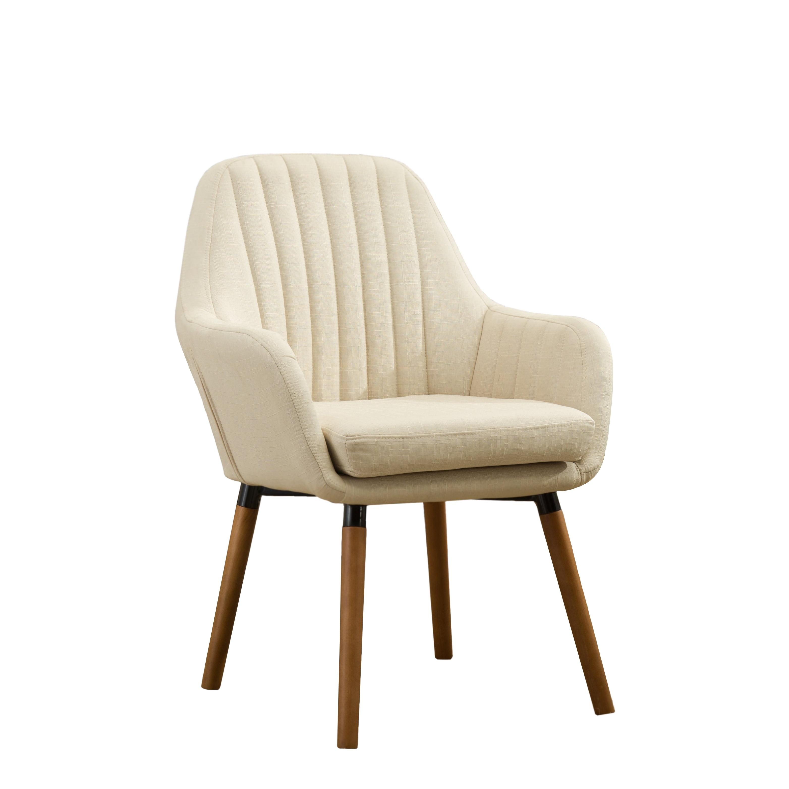 Elegant Tan Barrel-Backed Accent Chair with Solid Wood Legs