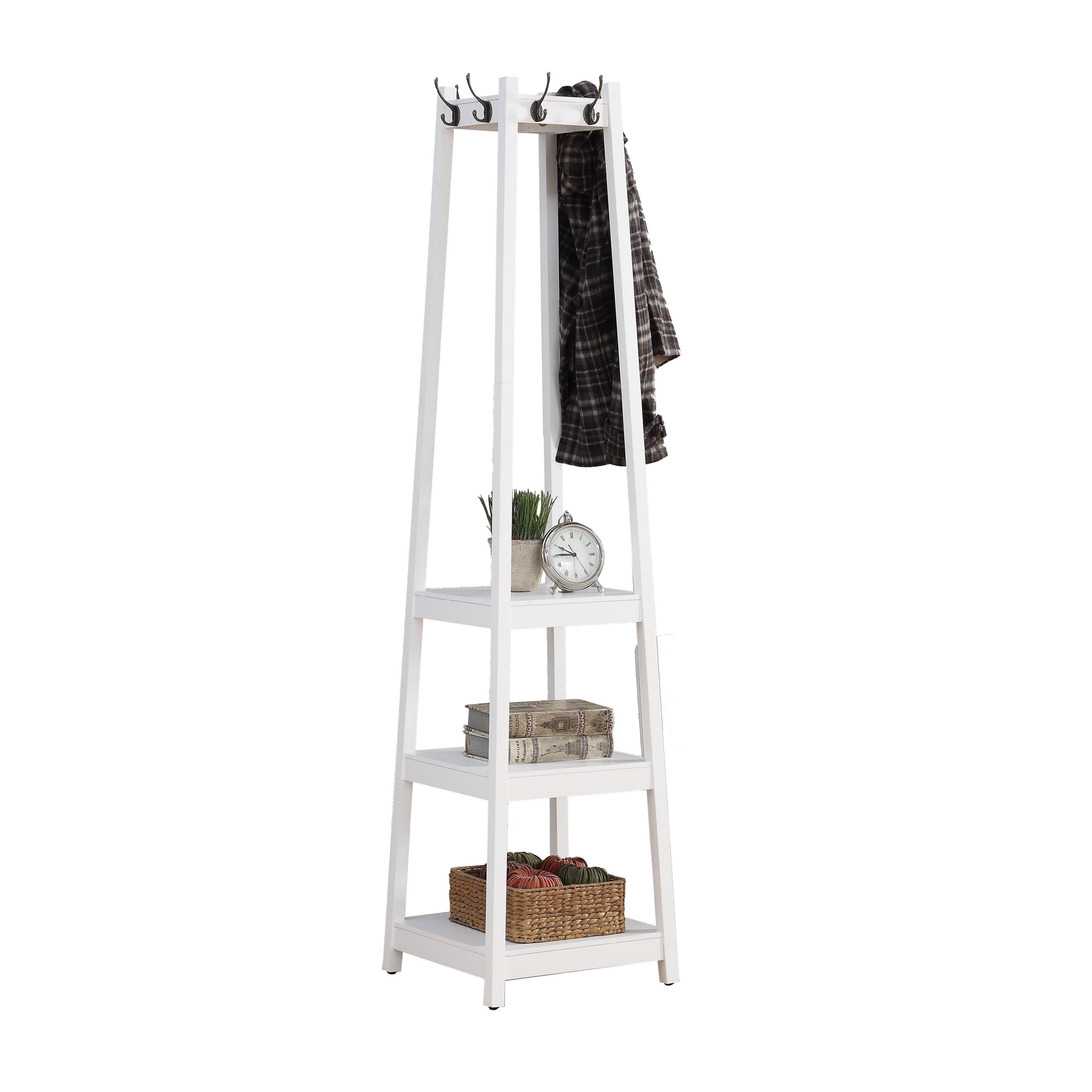 Roundhill Furniture Vassen Coat Rack w/ 3-Tier Storage Shelves - White Finish