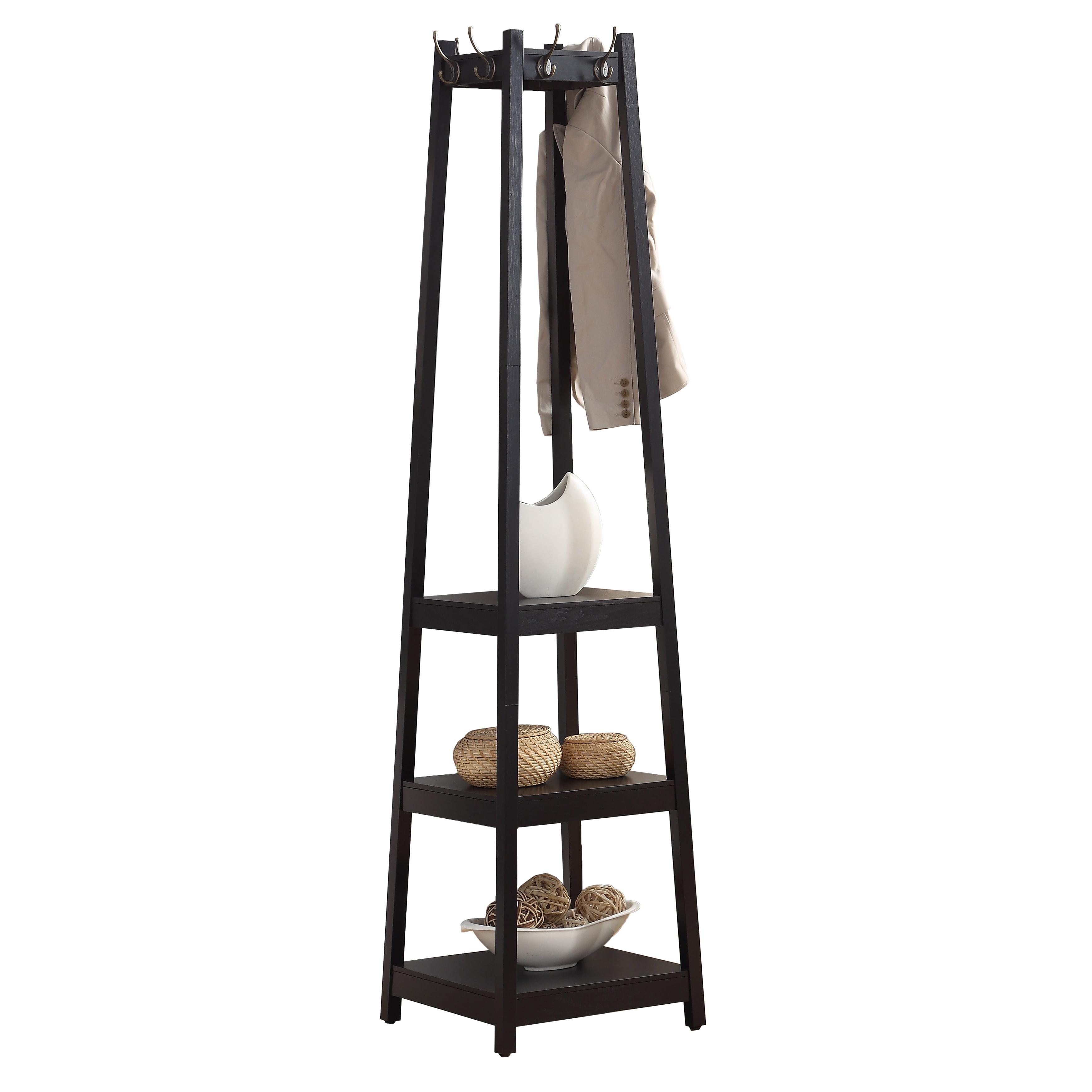 Black Wood Coat Rack with 3-Tier Storage Shelves