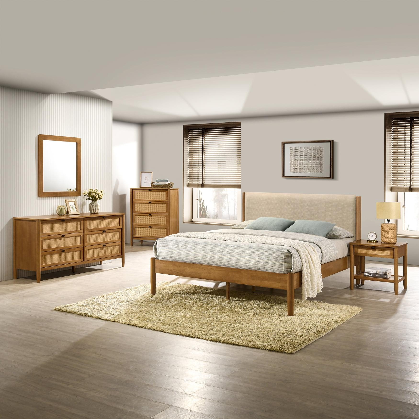 Roundhill Furniture Vichy 5-Piece Rubberwood Bedroom Set with Textured Polyester Upholstered Queen Bed, Dresser, Mirror, Nightstand, and Chest