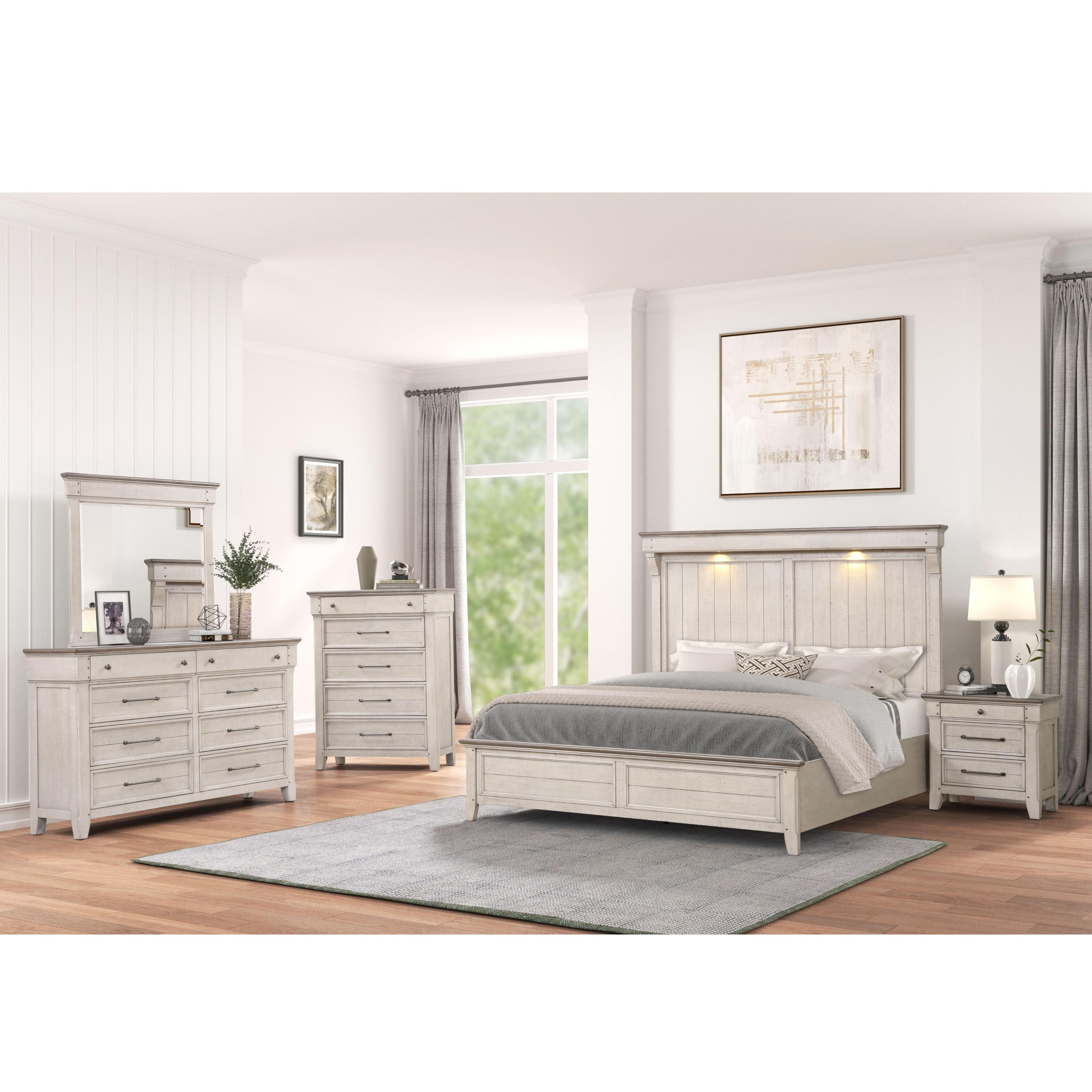 Roundhill Furniture Walcott 5-Piece Bedroom Set with Touch LED Lighting, Weathered Dusty-taupe Finish, Queen