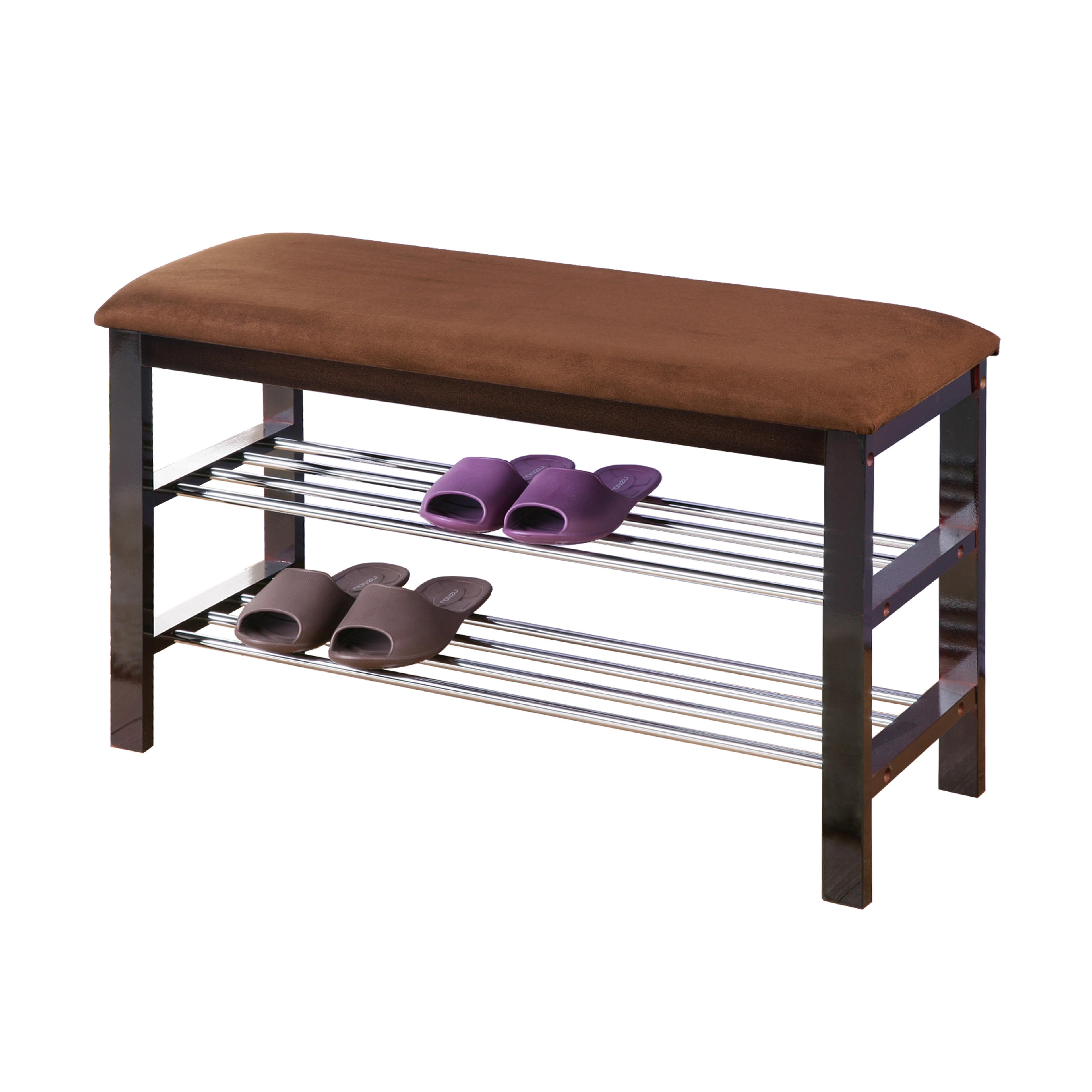 Roundhill Furniture Wood Shoe Bench with Chocolate Microfiber Seat, Black