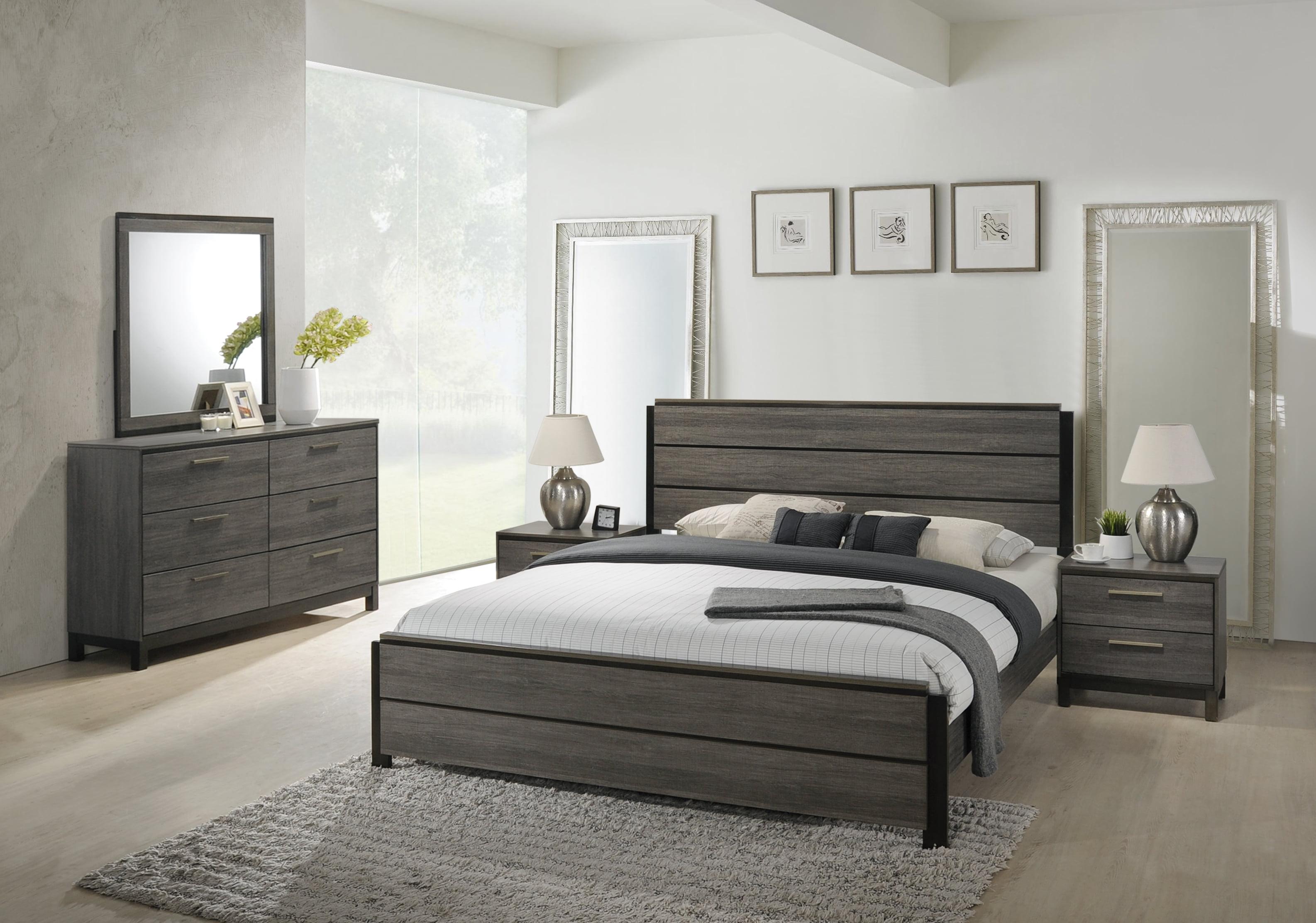 Roundhill Ioana Antique Grey Finish Wood Bed Room Set, King Size Bed, Dresser, Mirror, 2 Night Stands