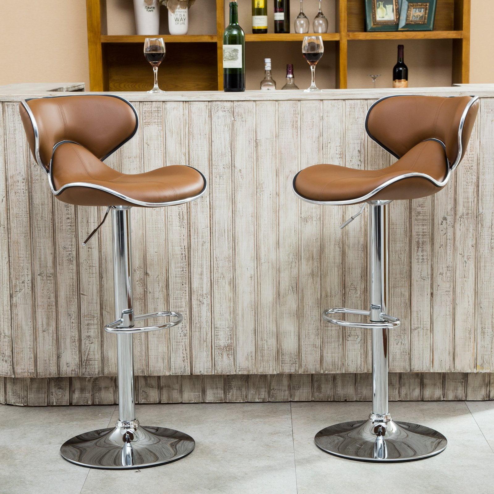 Camel Faux Leather Adjustable Swivel Bar Stools with Chrome Base, Set of 2