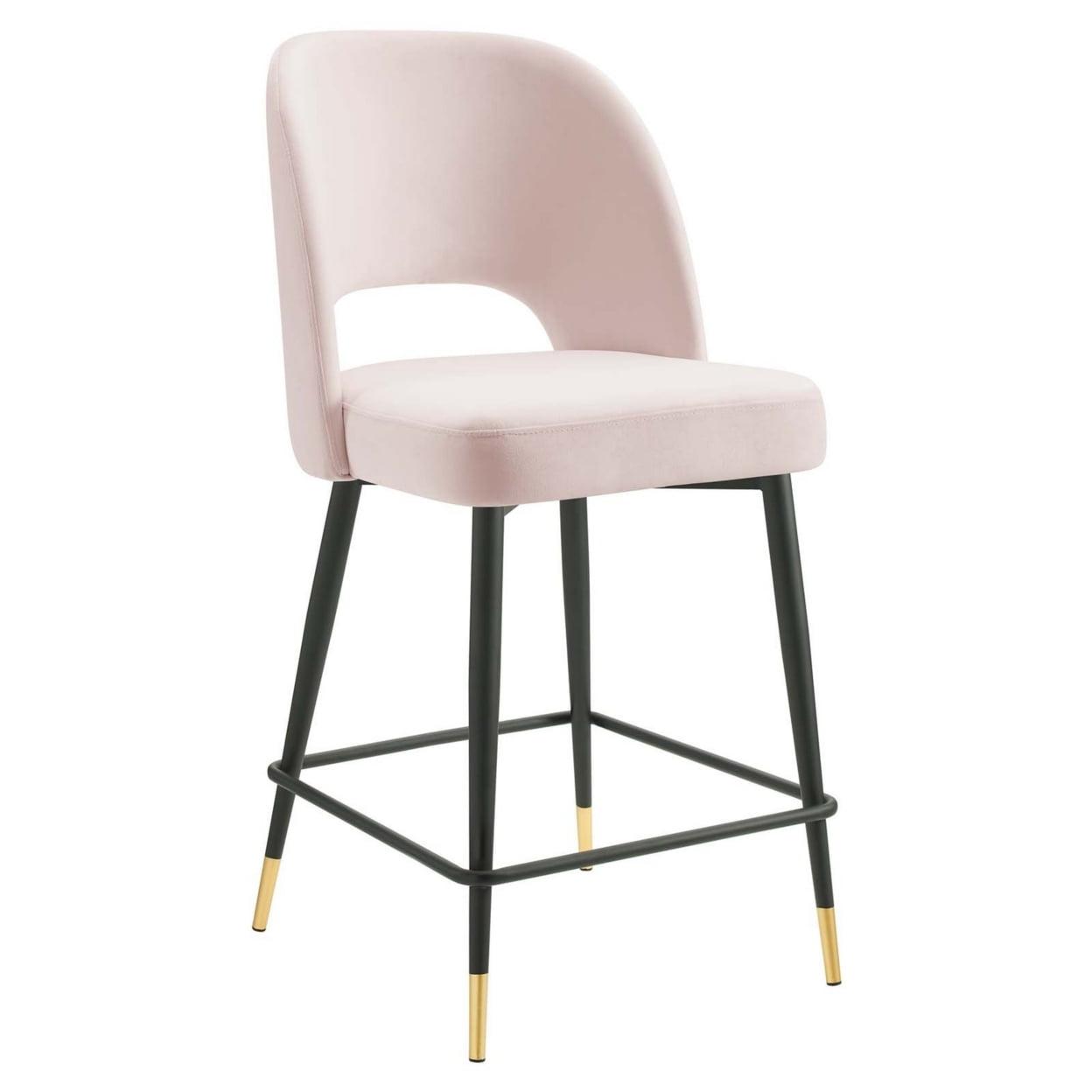 Mid-Century Glam Pink Velvet Counter Stool with Black Metal Legs