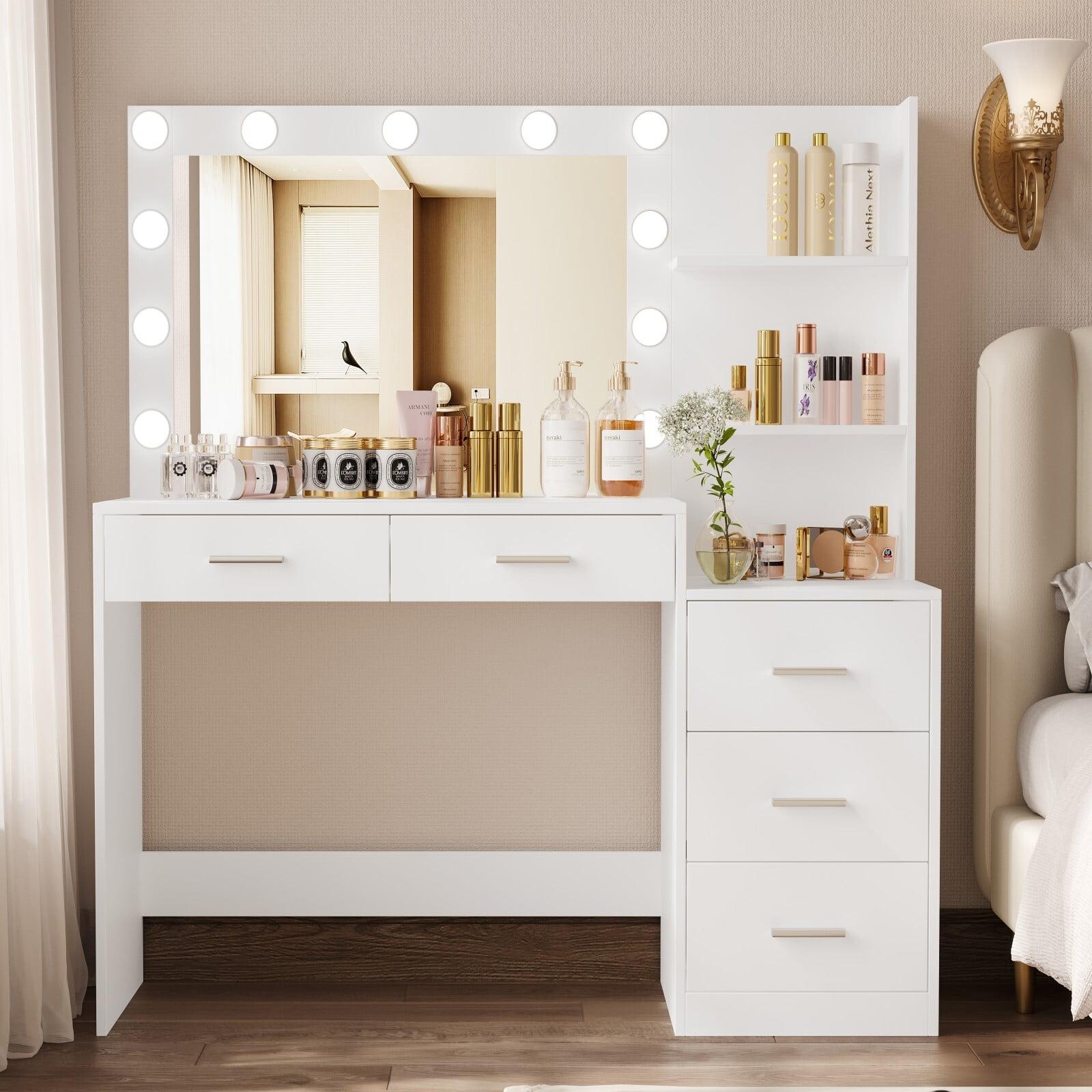 White 46.7" Vanity Table with Lighted Mirror and Storage Shelves