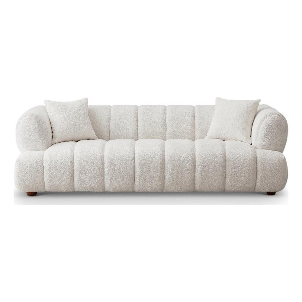 Ivory Boucle Fabric Tufted Sofa with Solid Wood Legs