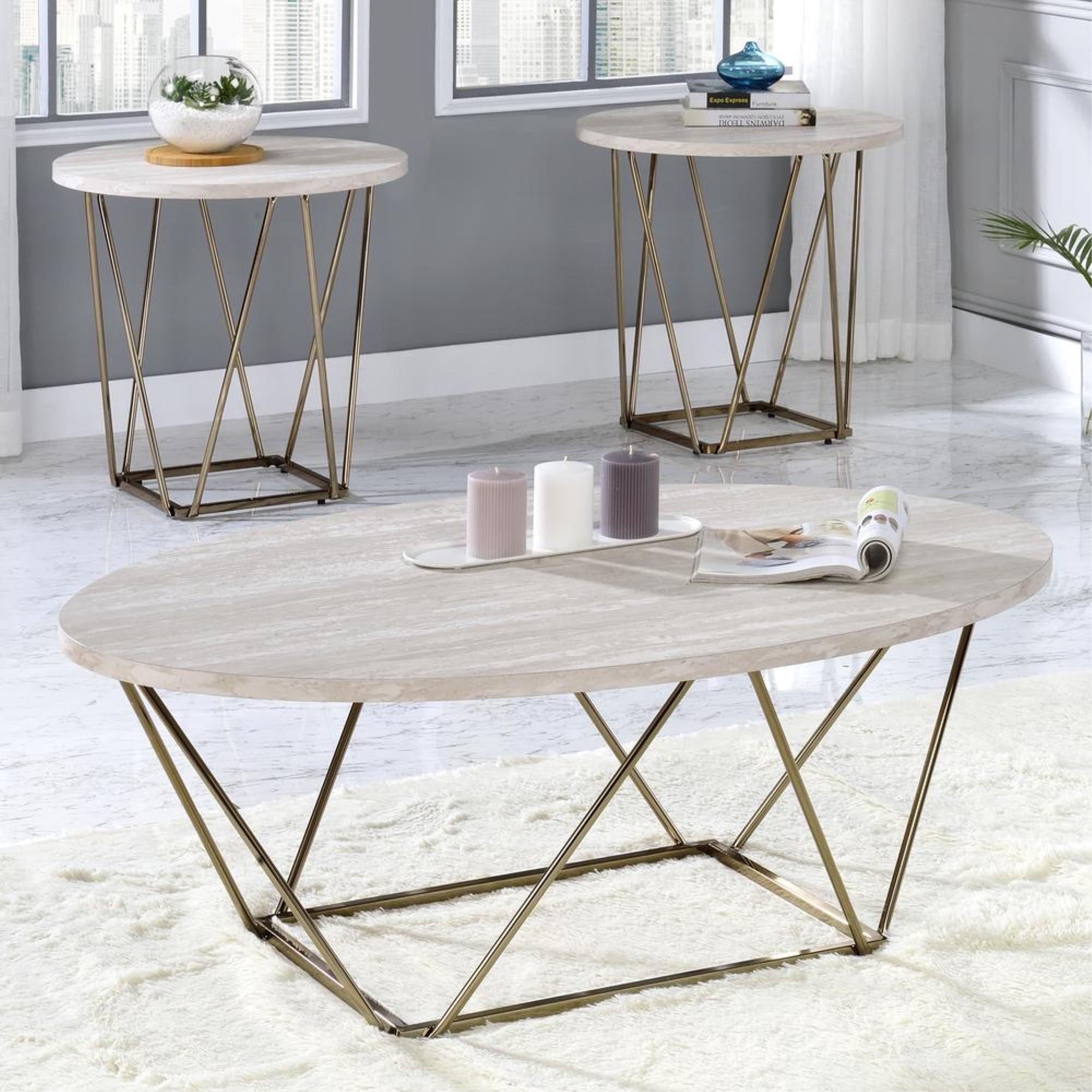 Champagne Gold and White Oval Coffee Table with Faux Marble Top