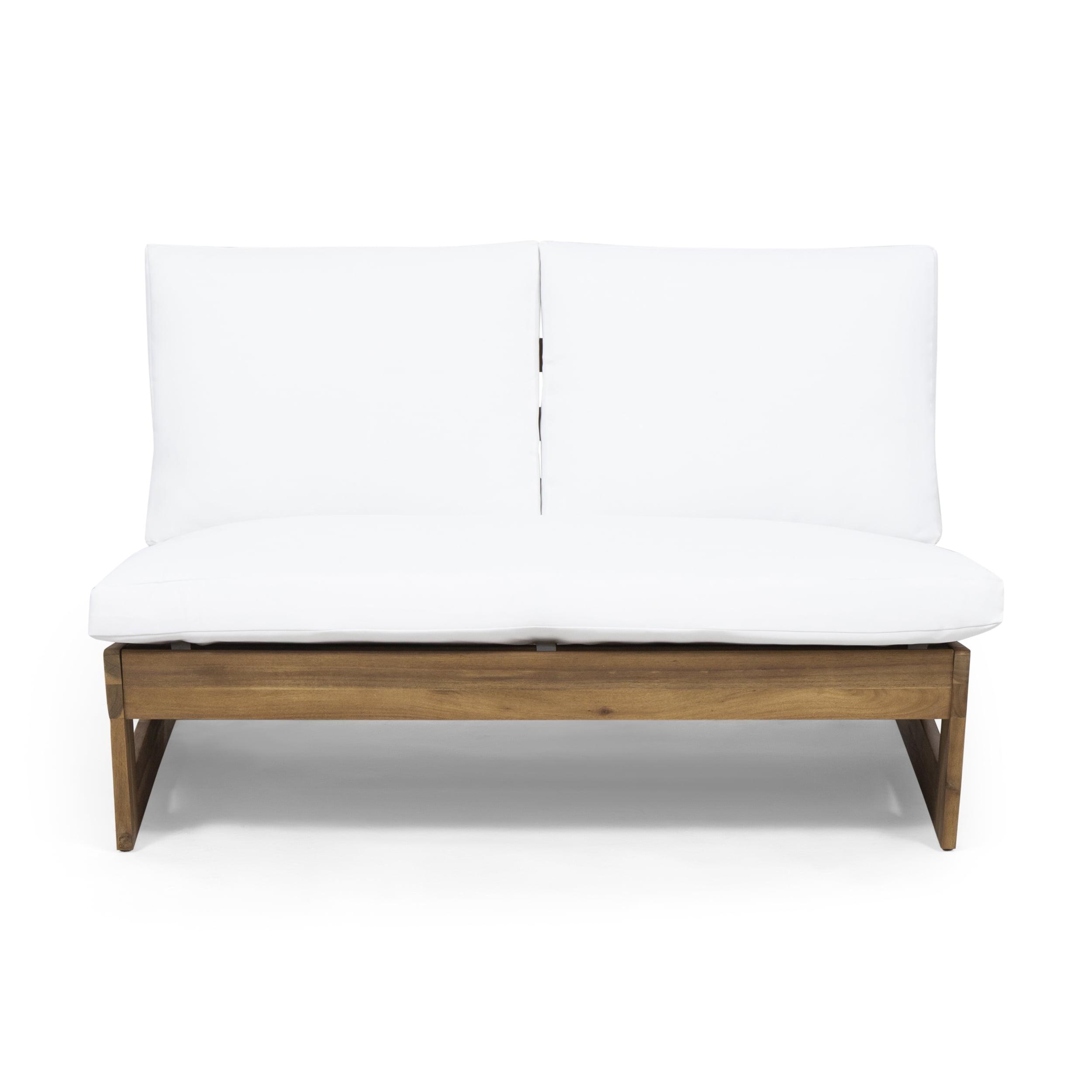 Roy Outdoor Acacia Wood Loveseat with Cushions, Teak and White