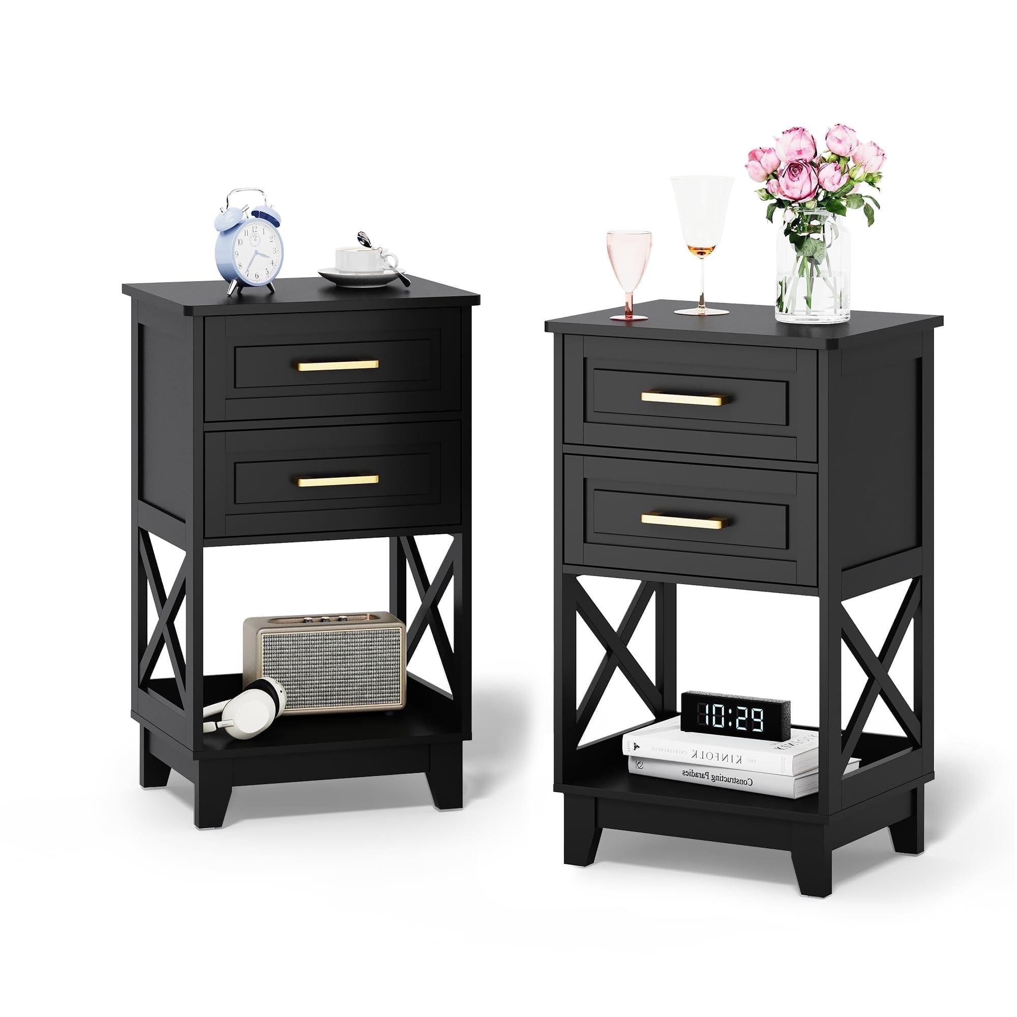 Black MDF 2-Drawer Nightstand Set with Open Shelf