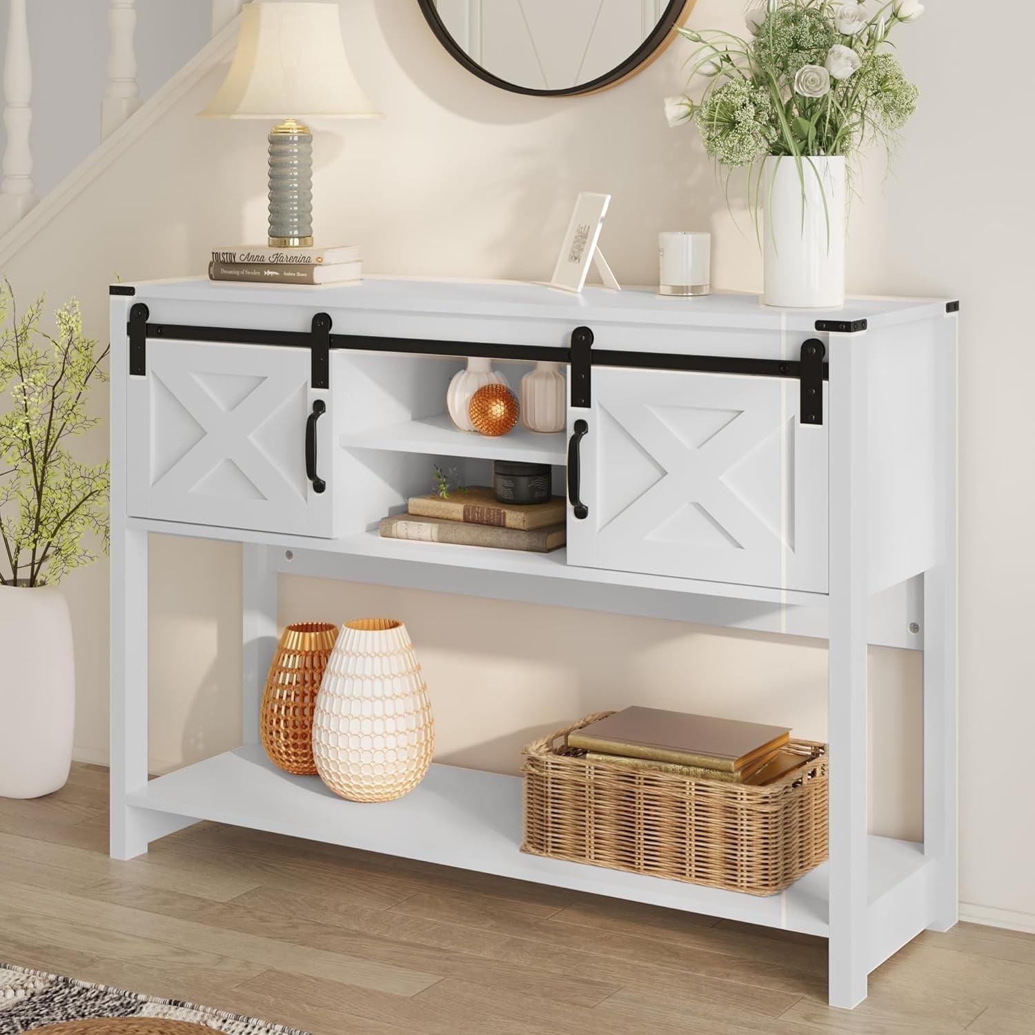 White Farmhouse Wood Entryway Table with Sliding Barn Doors and Storage