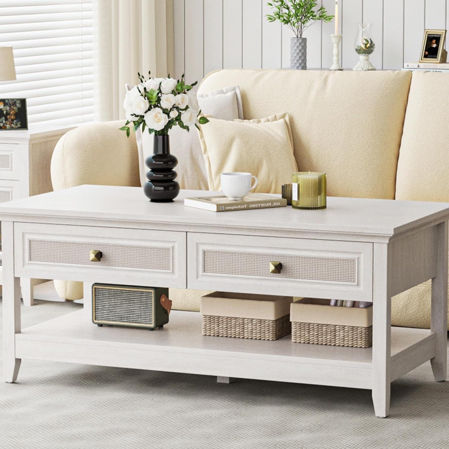 Royalcraft Farmhouse Coffee Table, Boho Tea Table with 2 Rattan Decor Drawers, Accent Center Sofa Table with Storage Shelf, 2 Tier Coffee Table for Bedroom, Living Room, Home Office, Grayish White