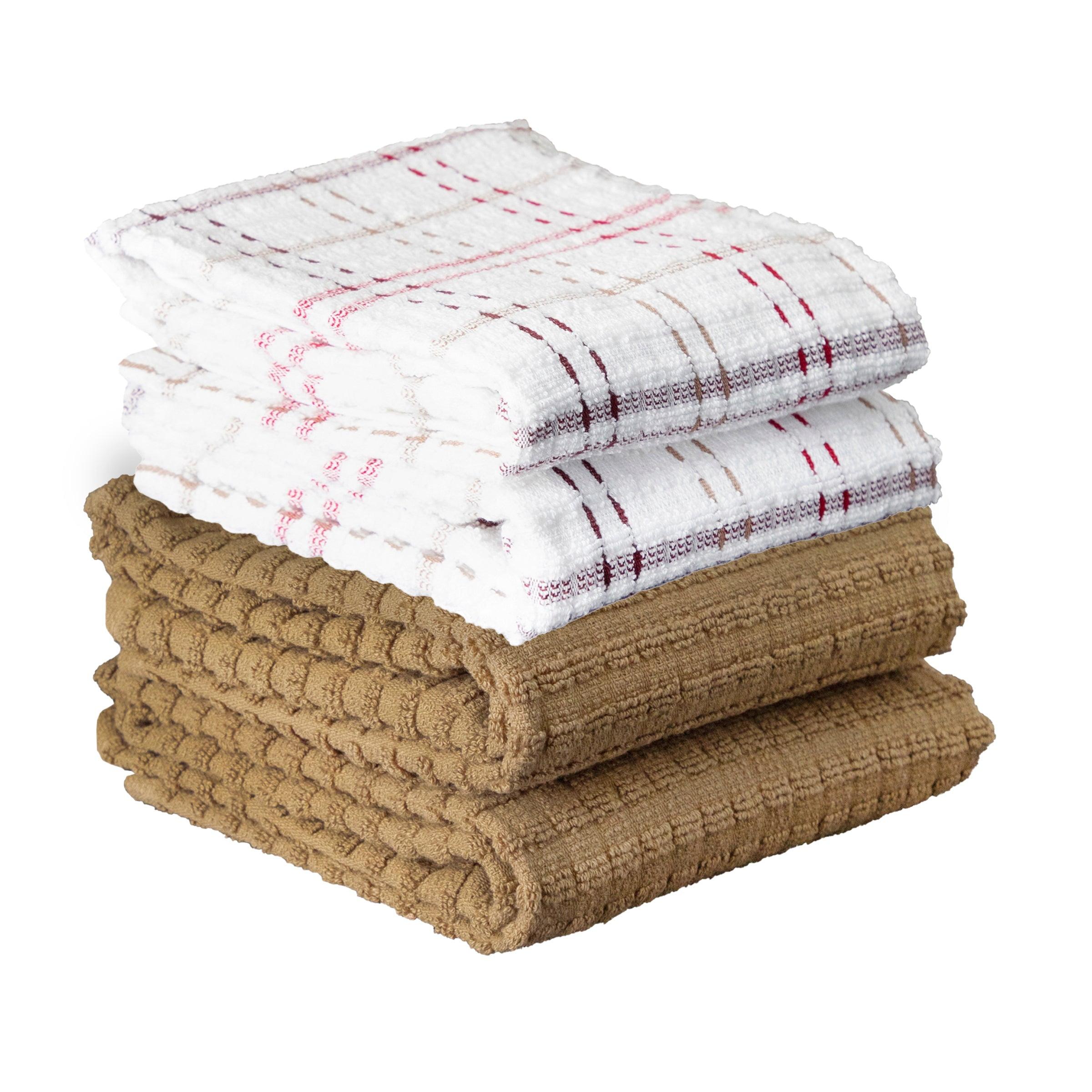 John Ritzenthaler Co. Royale 4-Pack Solid and Coordinate Kitchen Towel Set, Mocha