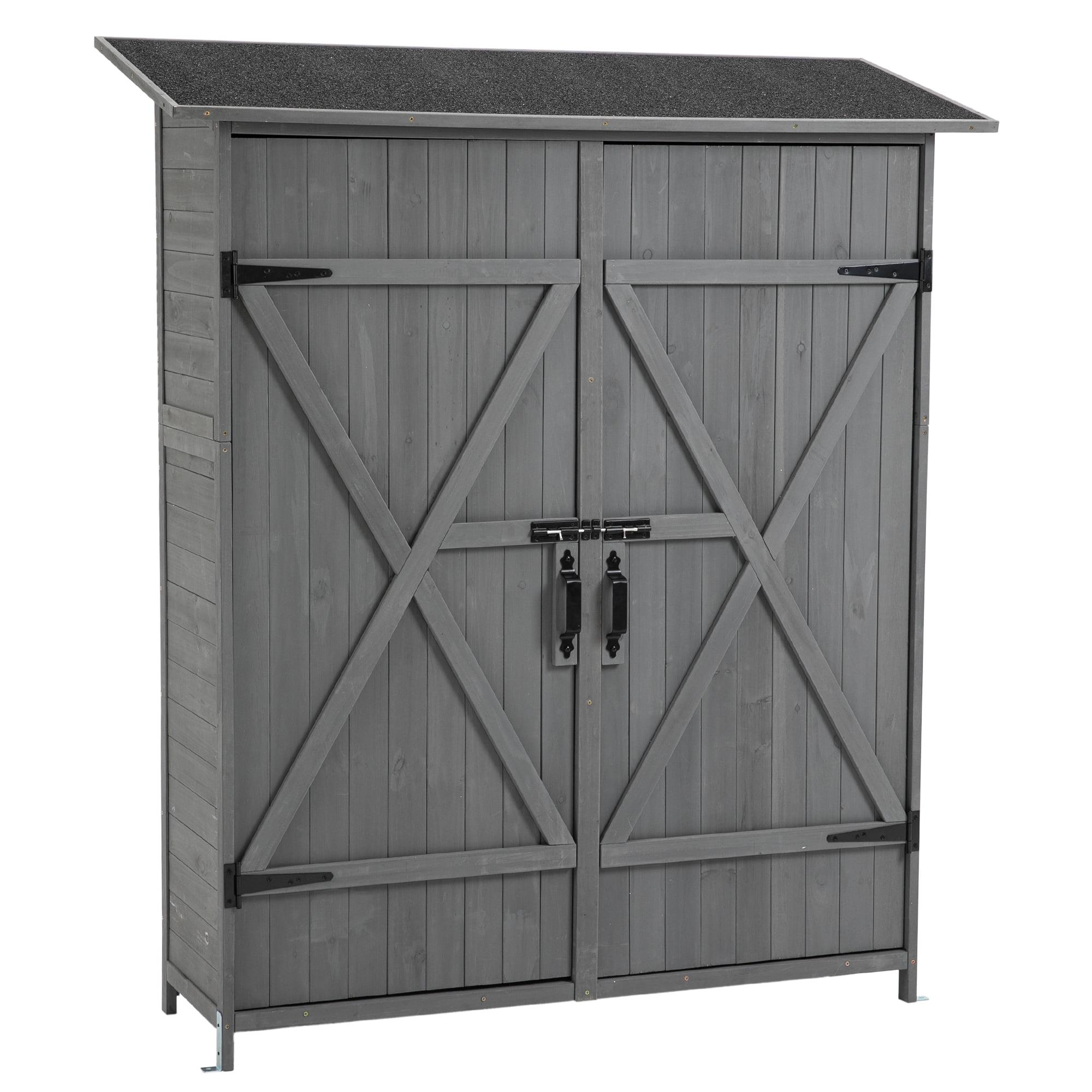 Gray Wooden Outdoor Storage Shed with Double Doors and Shelves