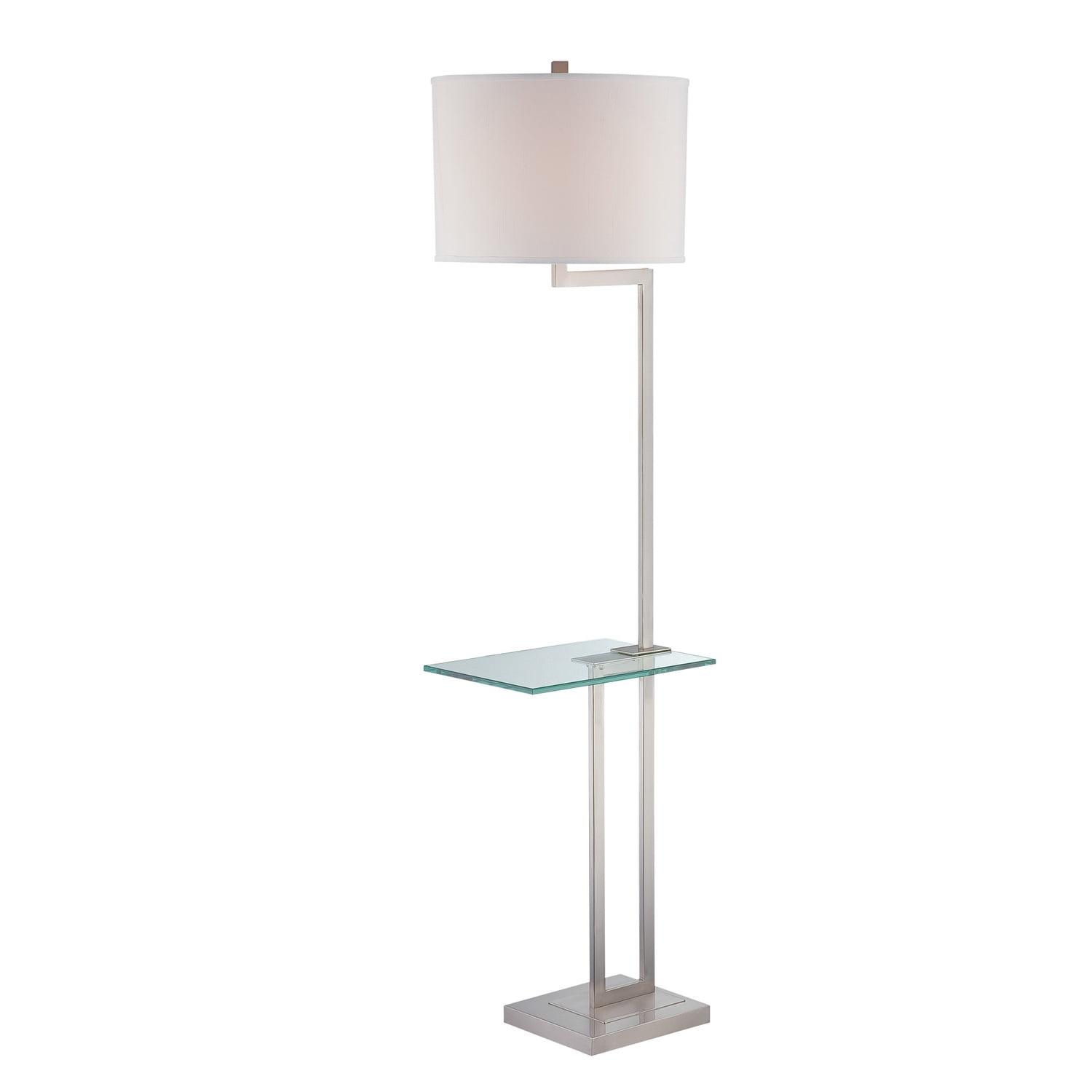 Polished Steel Floor Lamp with White Fabric Shade and Glass Table