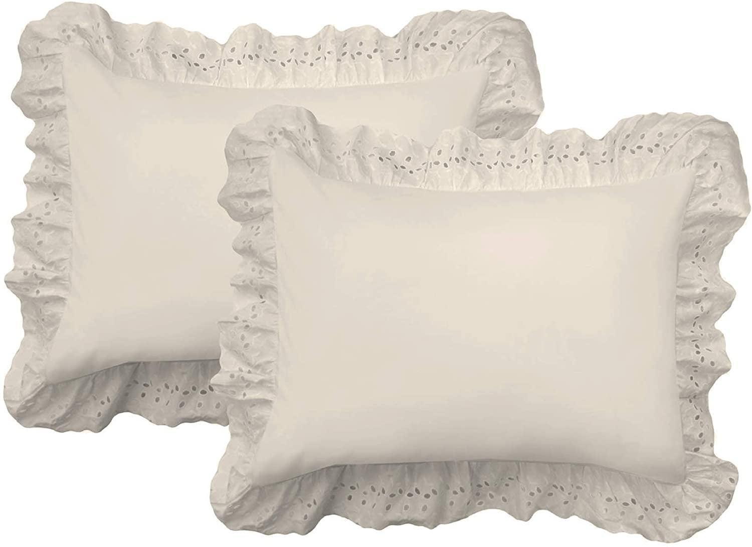 Ivory Embroidered Ruffled Standard Cotton Pillow Sham