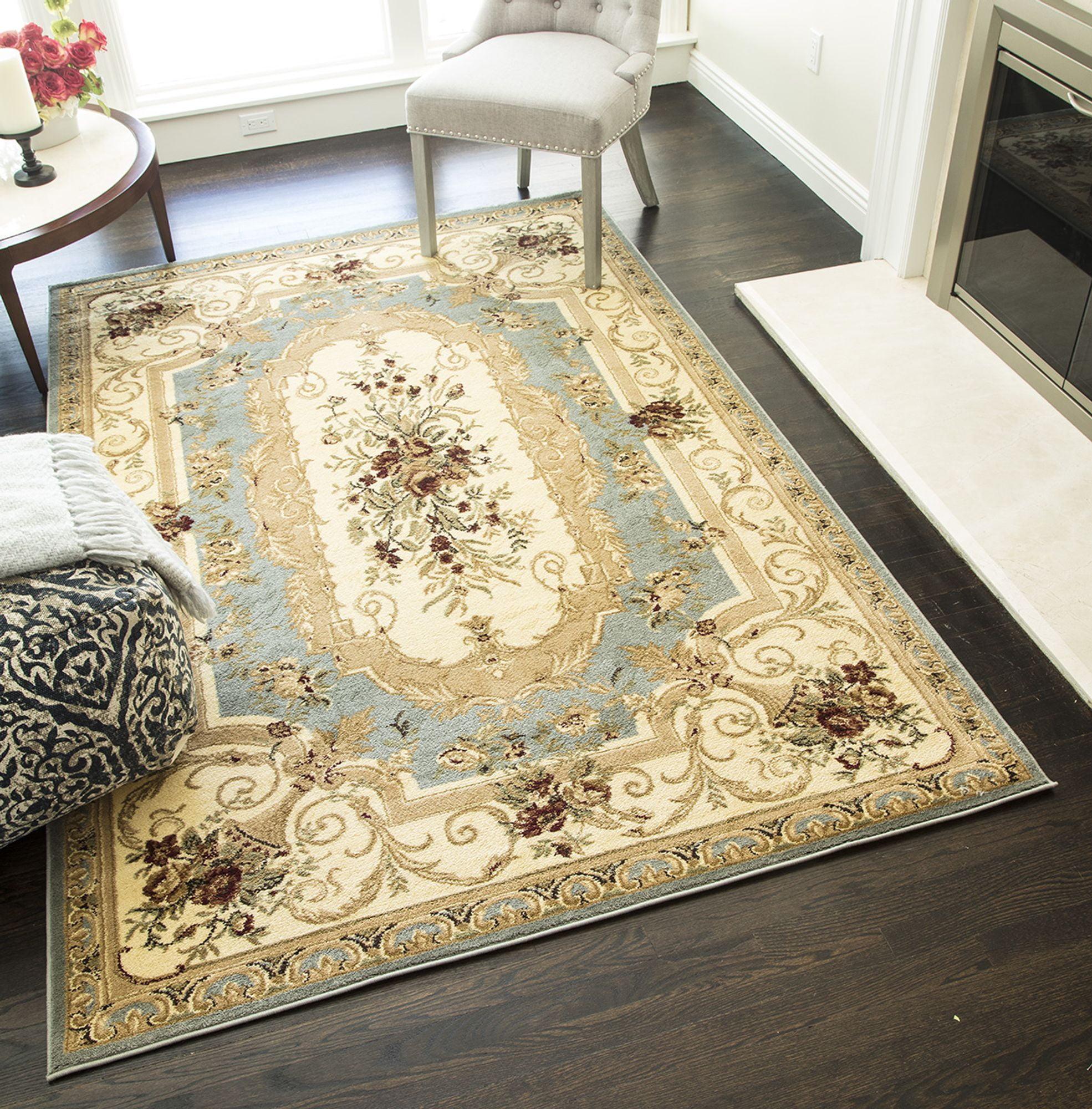 Elegant Aubusson Light Blue Synthetic Area Rug, 94" x 63"