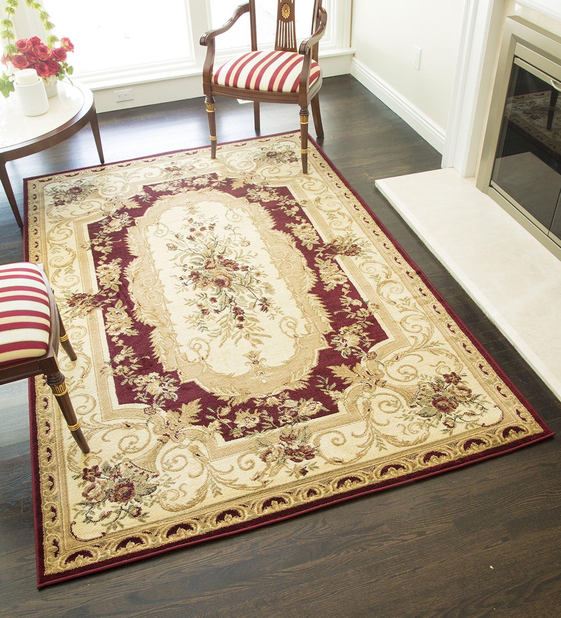 Aubusson Red and Cream Floral Synthetic 8' x 10' Area Rug