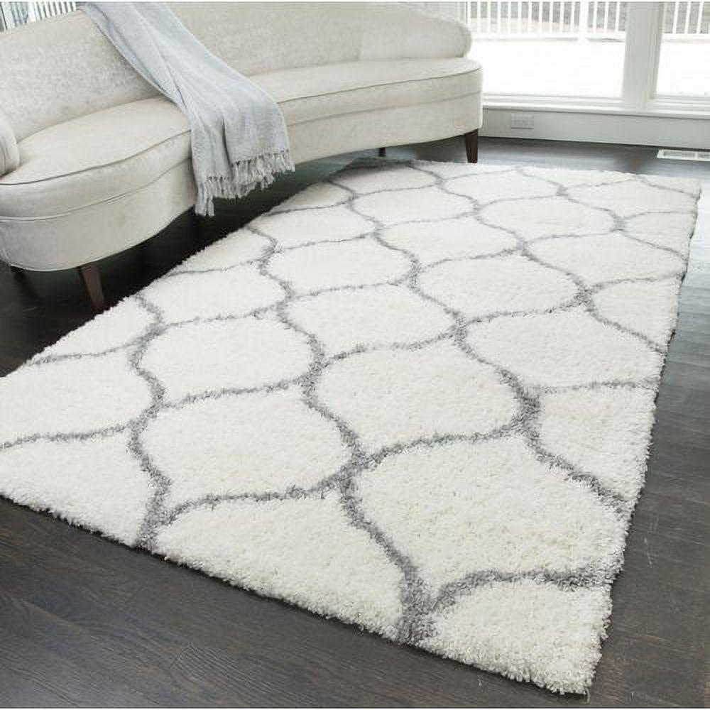 Ivory Grey Hand-knotted Geometric Shag Area Rug 5' x 8'