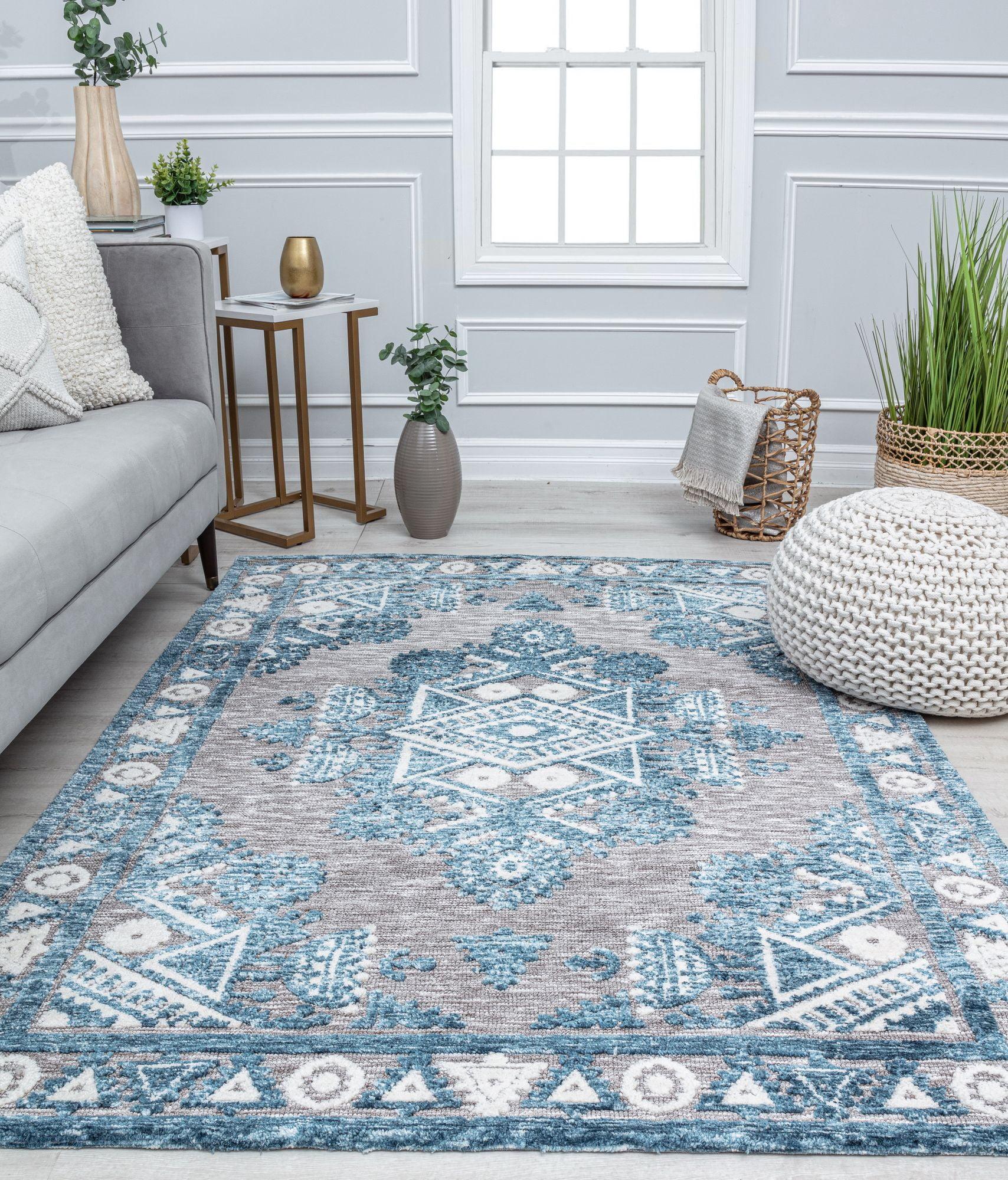 Blue Geometric 5' x 7' Stain-Resistant Synthetic Area Rug