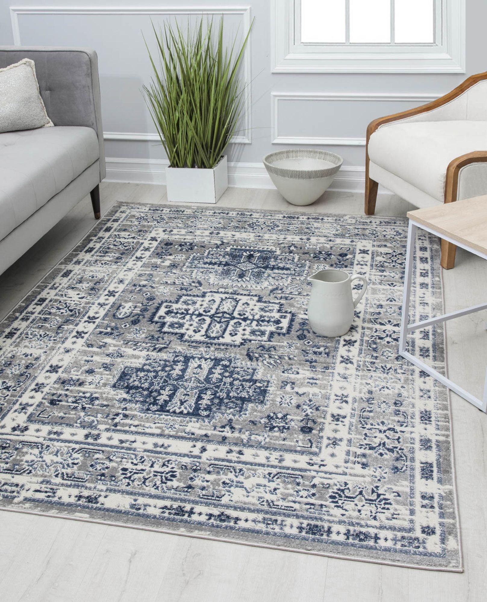 Gray and Navy Floral Synthetic Area Rug, 5'3" x 7'