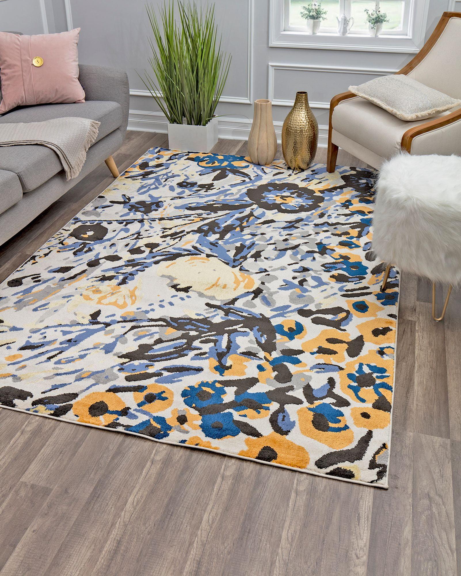 Blue Floral Synthetic 9' x 12' Stain-Resistant Area Rug