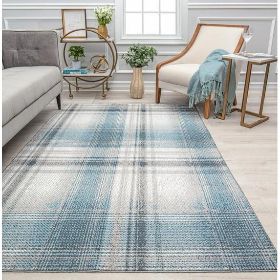 Rugs America Jaelyn JD50A Baltic Rapids Plaid Contemporary Blue Area Rug for Dining Room Rug Neutral Rug Living Room Rug Kitchen, 8'0"X10'0"