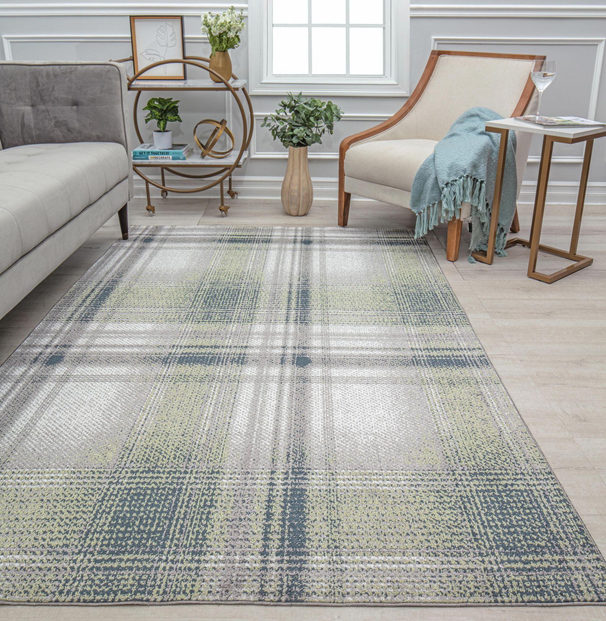 Gray Plaid Synthetic Easy Care Area Rug, 2'6" x 8'