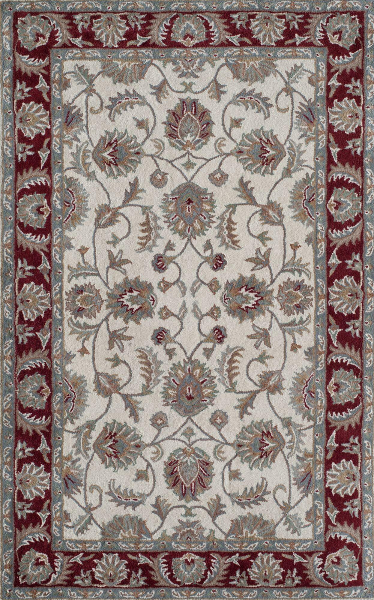 Handmade Ivory Burgundy Wool Oriental Area Rug, 5' x 8'