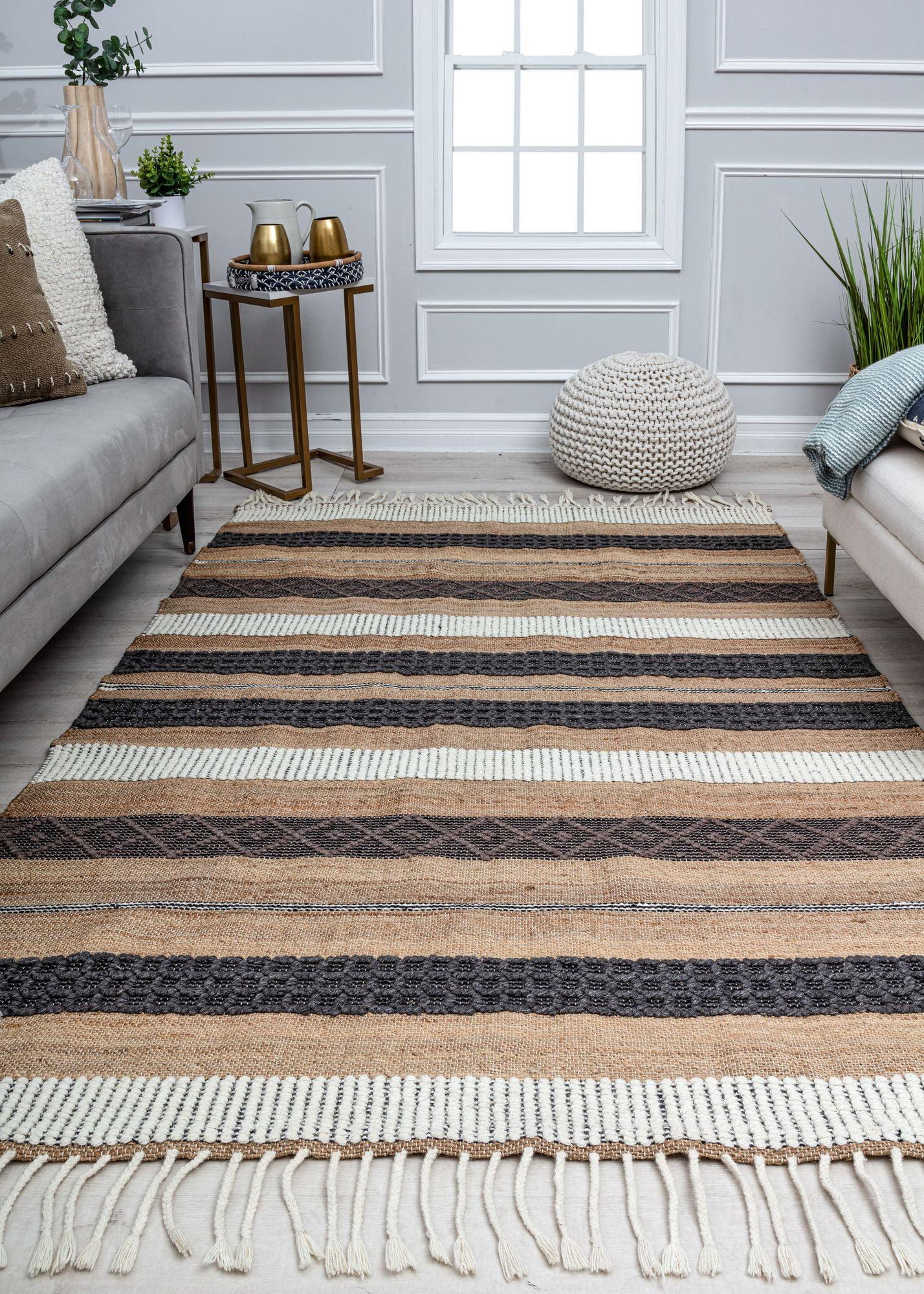 Handmade Black and Beige Wool Stripe Area Rug