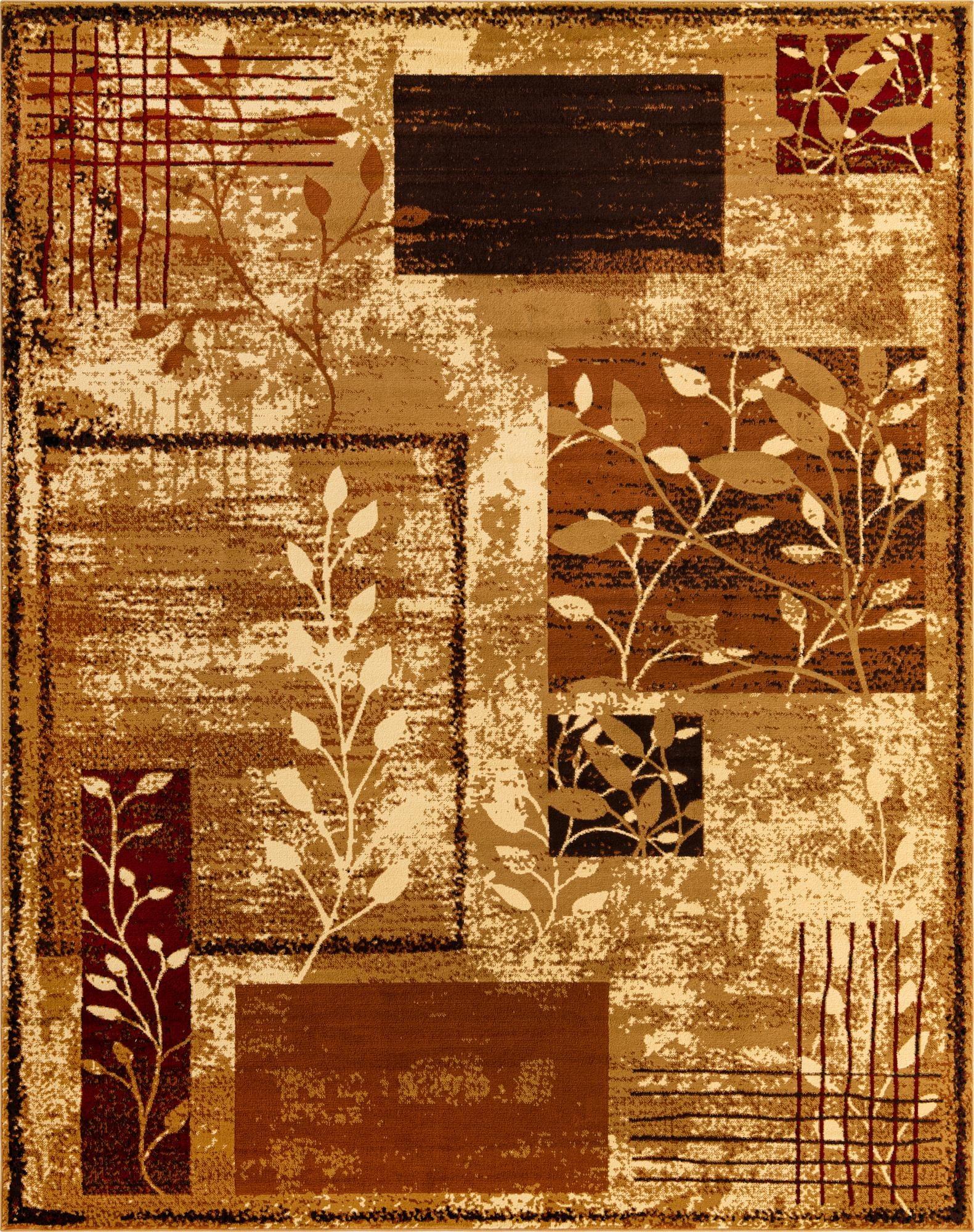 Beige and Brown Abstract Synthetic Rectangular Rug