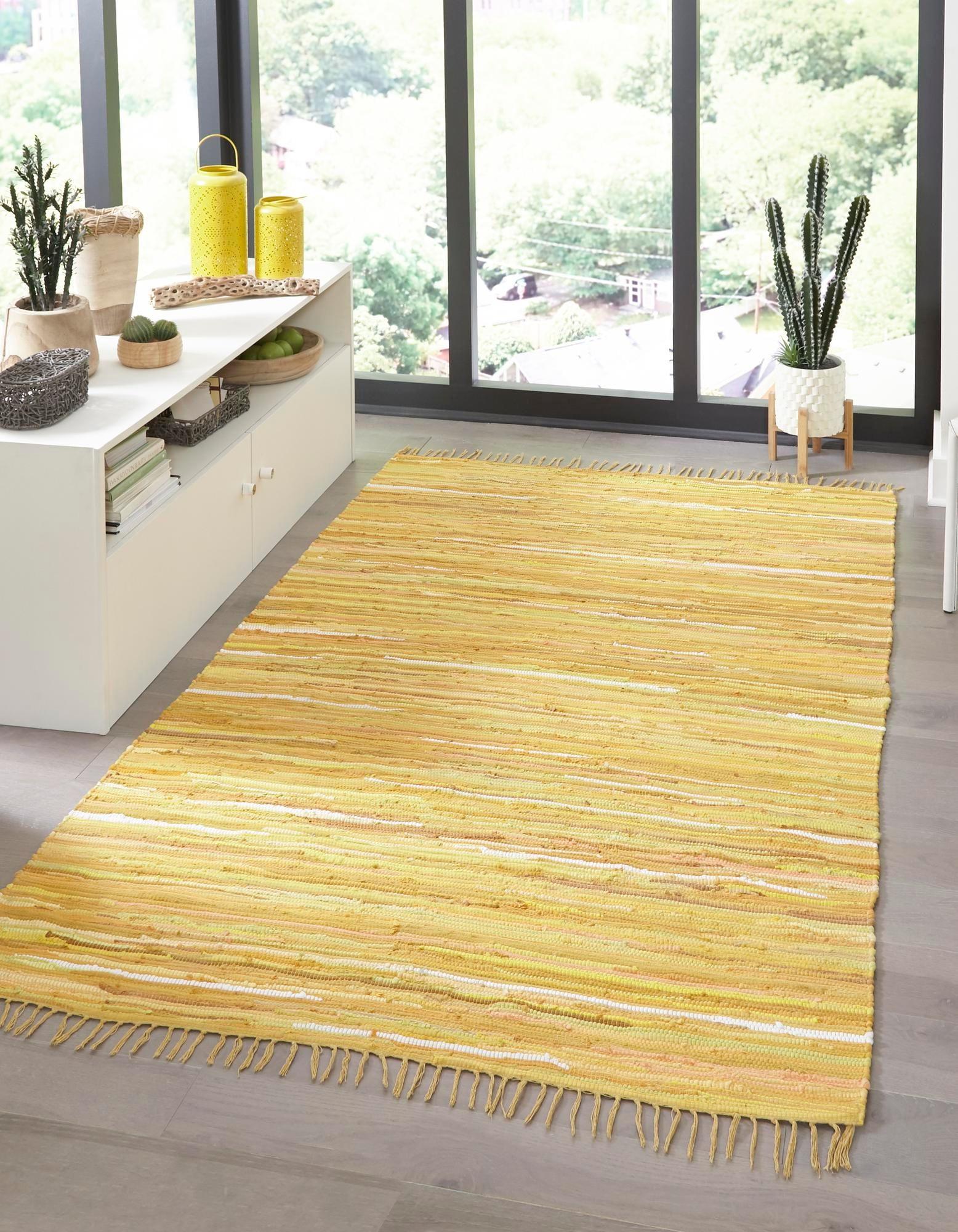 Rugs.com Chindi Cotton Collection Rug – 9' x 12' Yellow Flatweave Rug Perfect For Living Rooms, Large Dining Rooms, Open Floorplans