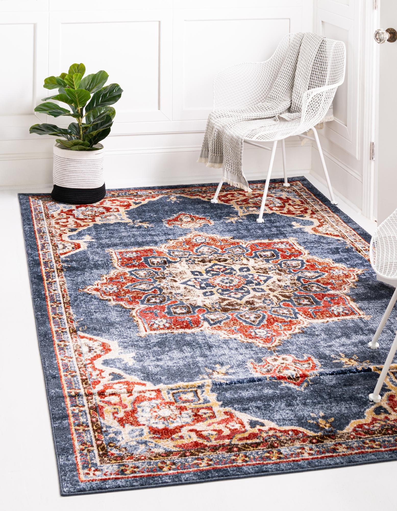 Navy Blue and Red Oriental Synthetic Runner Rug