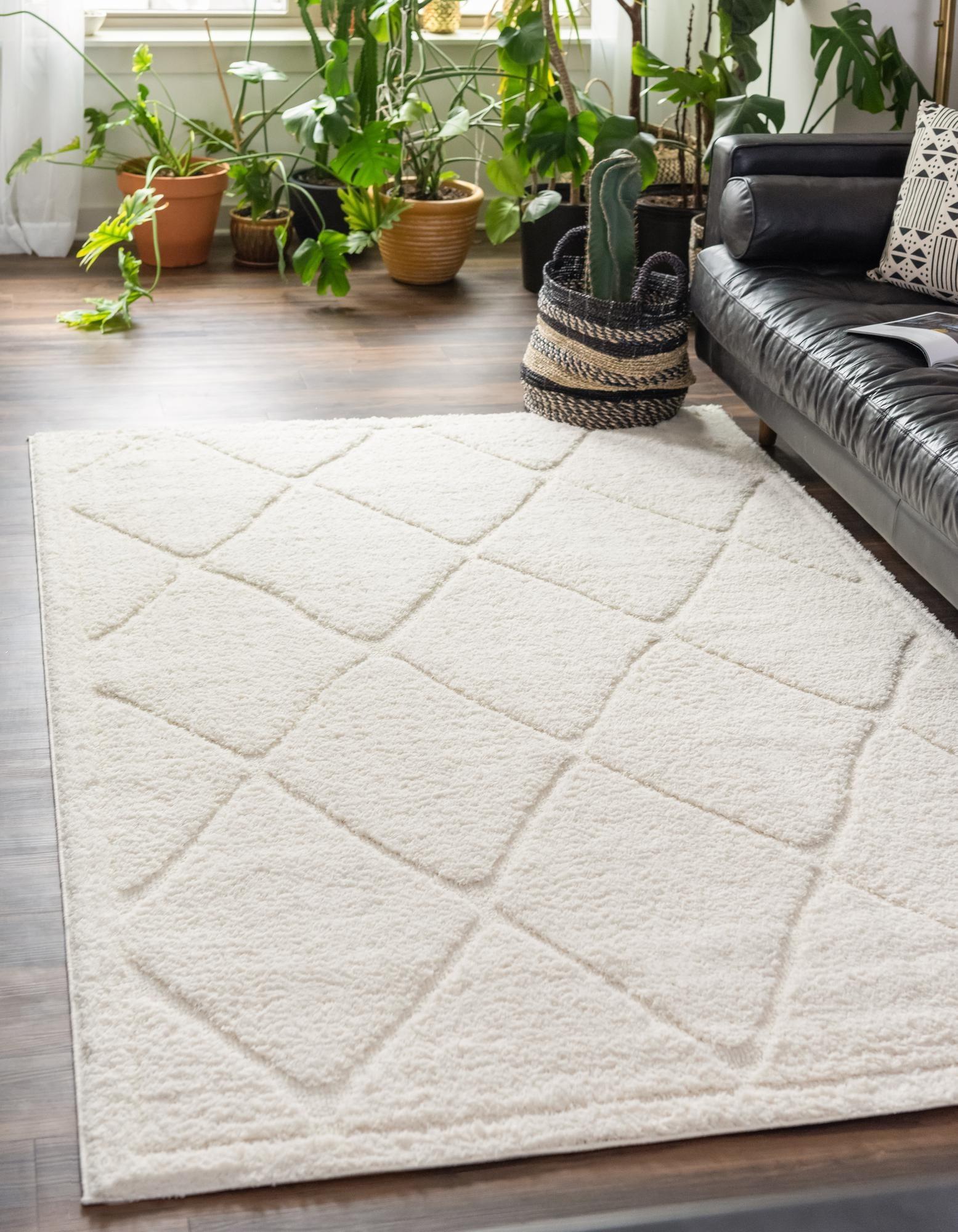 Ivory Trellis Soft Shag Rug 4' x 6' - Stain-Resistant, Easy Care