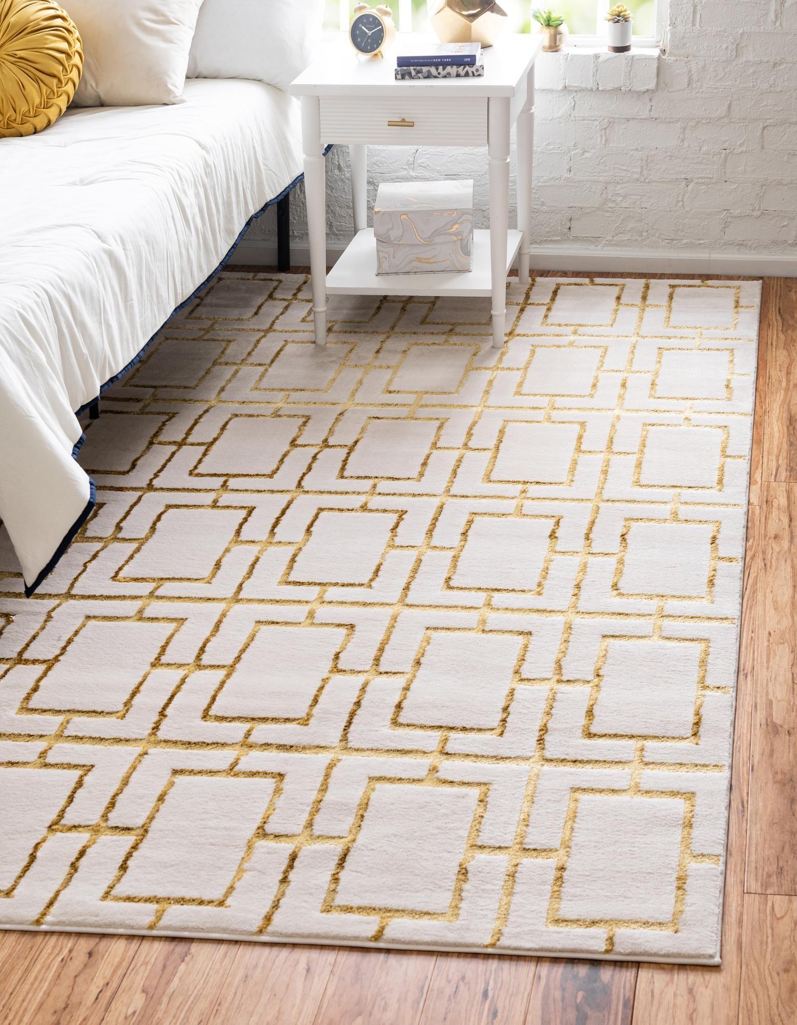 White Gold Geometric 10' x 14' Stain-Resistant Synthetic Rug