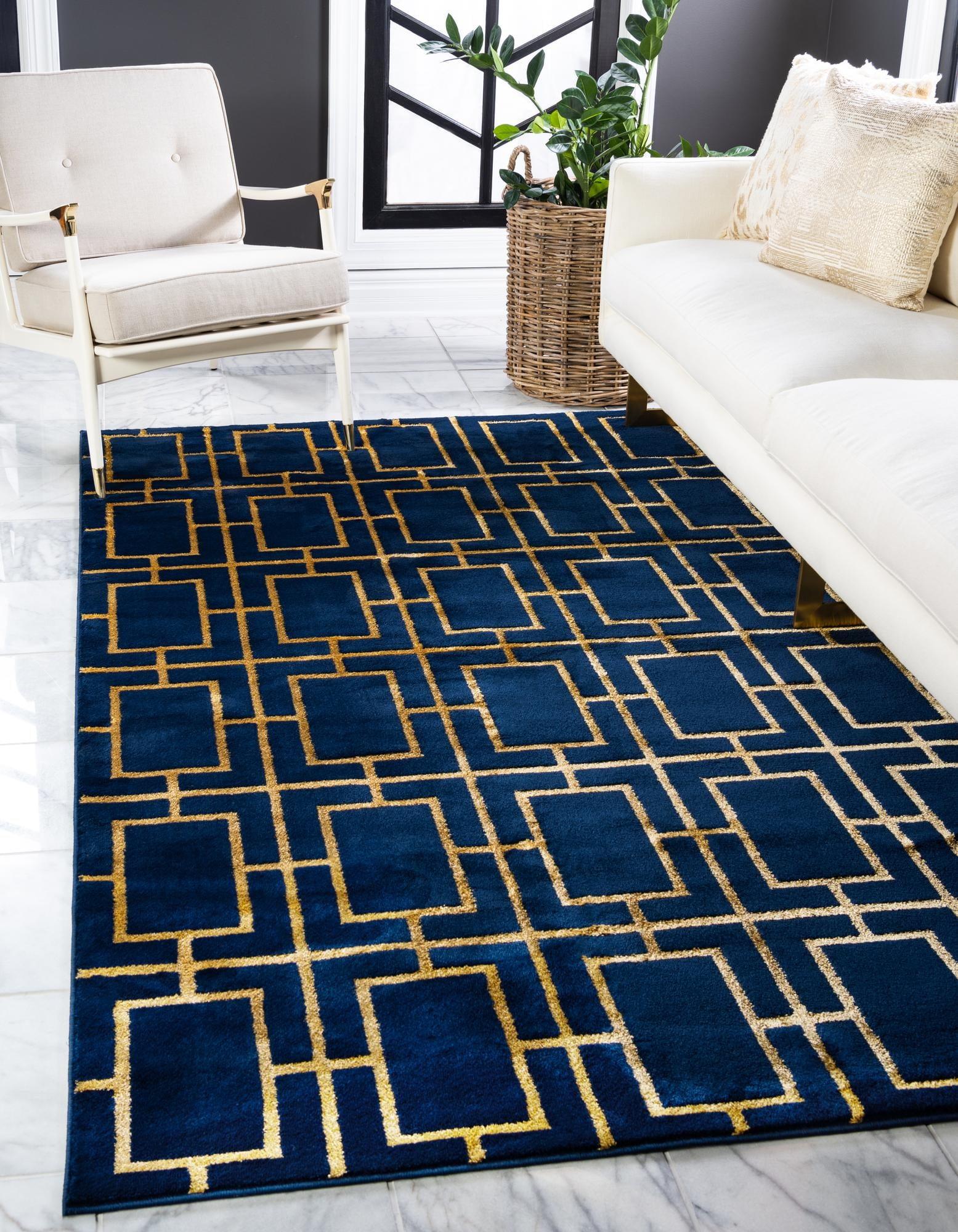 Navy Blue and Gold Geometric 8' x 10' Stain-Resistant Rug