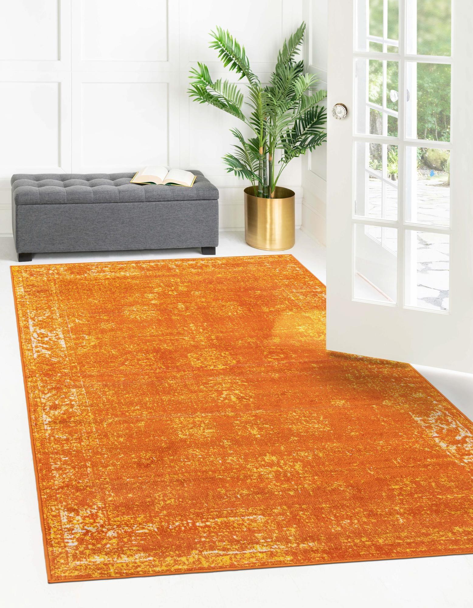 Orange Floral Motif Low Pile Area Rug