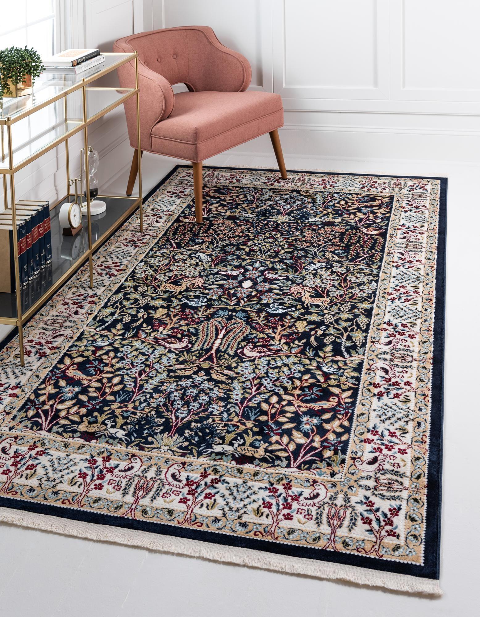 Navy Blue Rectangular Floral Easy Care Area Rug