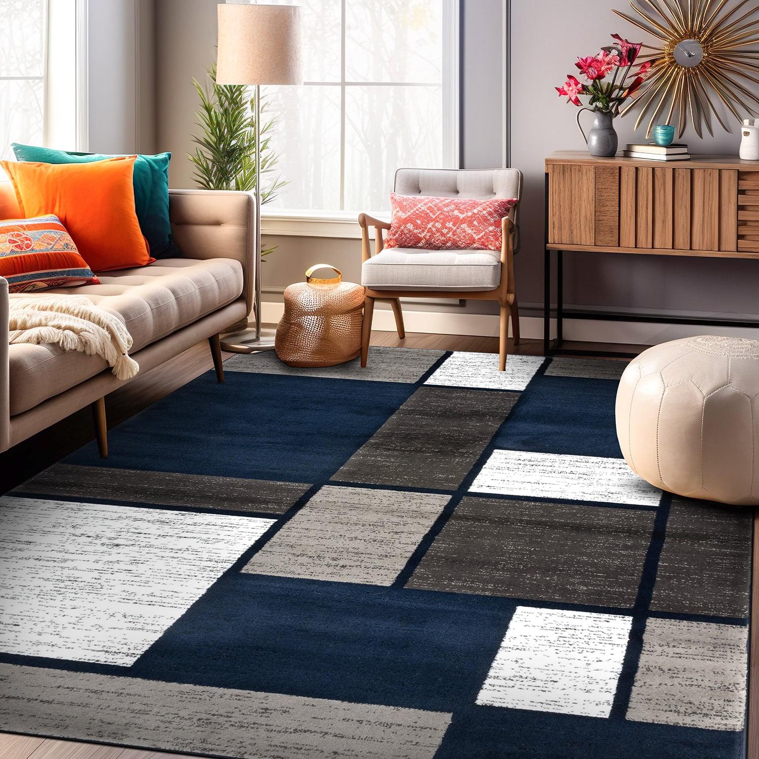 World Rug Gallery Contemporary Modern Boxed Color Block Navy 7'10"x10'2" Indoor Area Rug