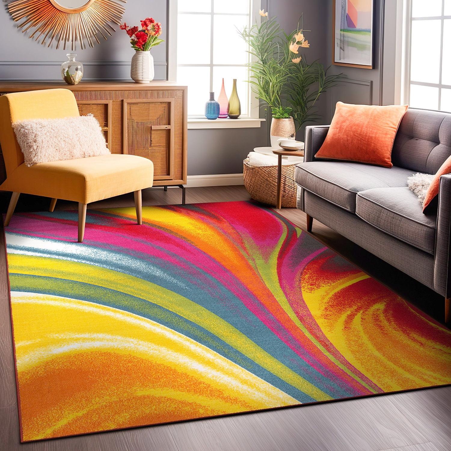 World Rug Gallery Modern Contemporary Waves Multicolored Non-slip (Non-skid) Area Rug - Multi 3'3" x 5'