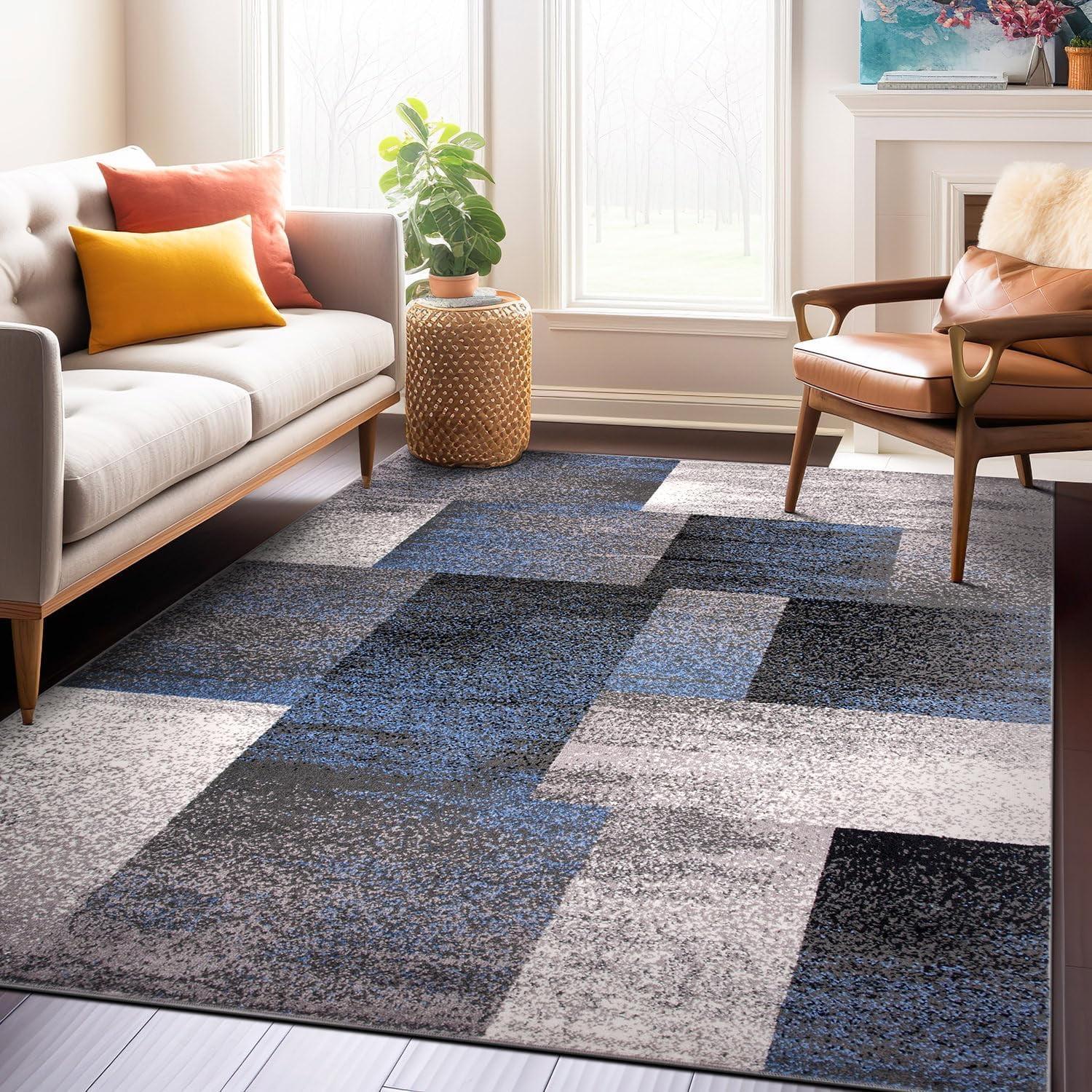 World Rug Gallery Contemporary Modern Geometric Boxes Area Rug - Blue 5' x 7'