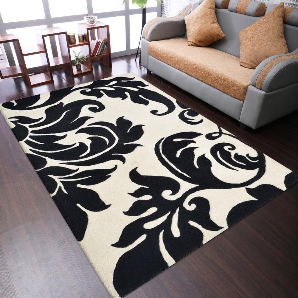 Elegant Floral Cream & Black Hand-Tufted Wool 5'x8' Area Rug