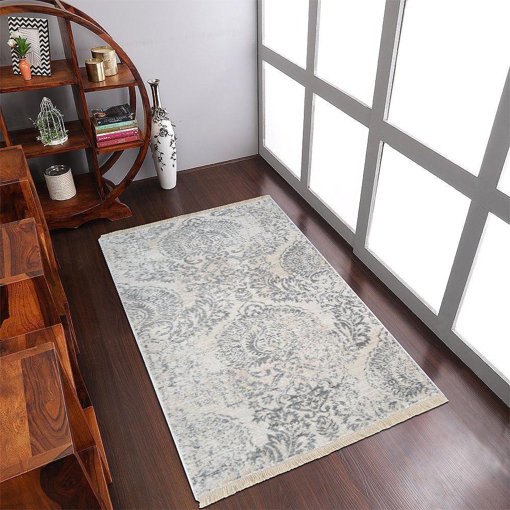 Ivory and Gray Synthetic Rectangular 6' x 9' Area Rug